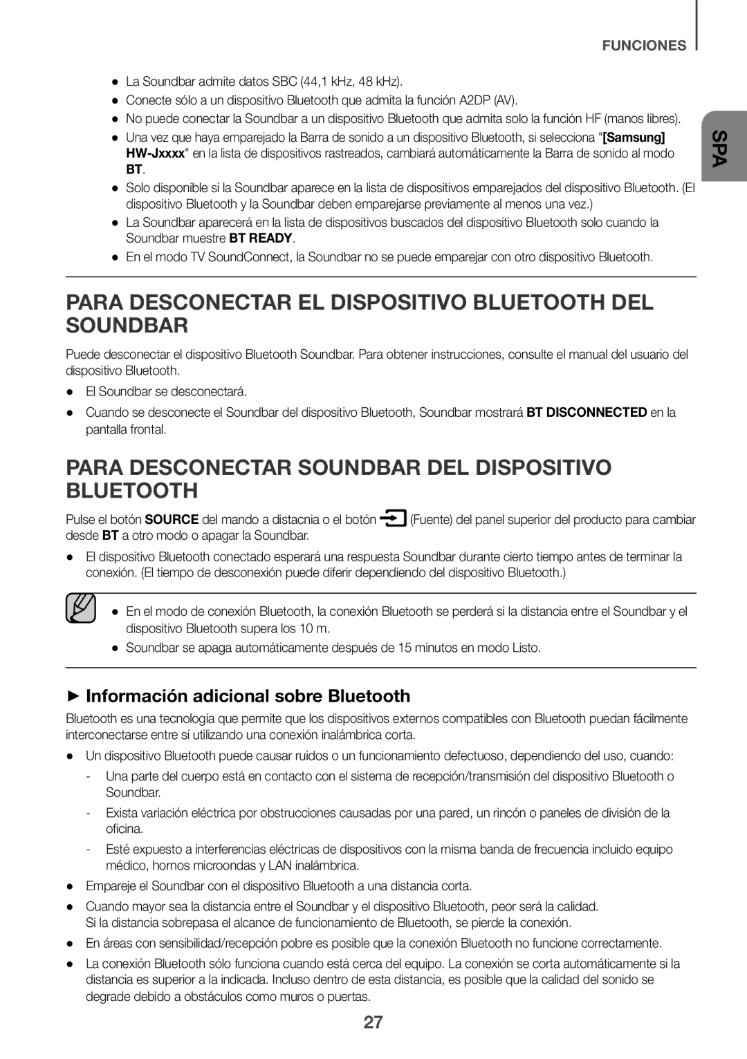 Samsung HW-J7500/ZF manual Para Desconectar EL Dispositivo Bluetooth DEL Soundbar, ++Información adicional sobre Bluetooth 