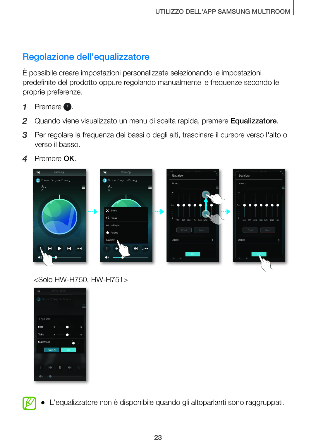 Samsung HW-J7501/ZF manual Regolazione dellequalizzatore 