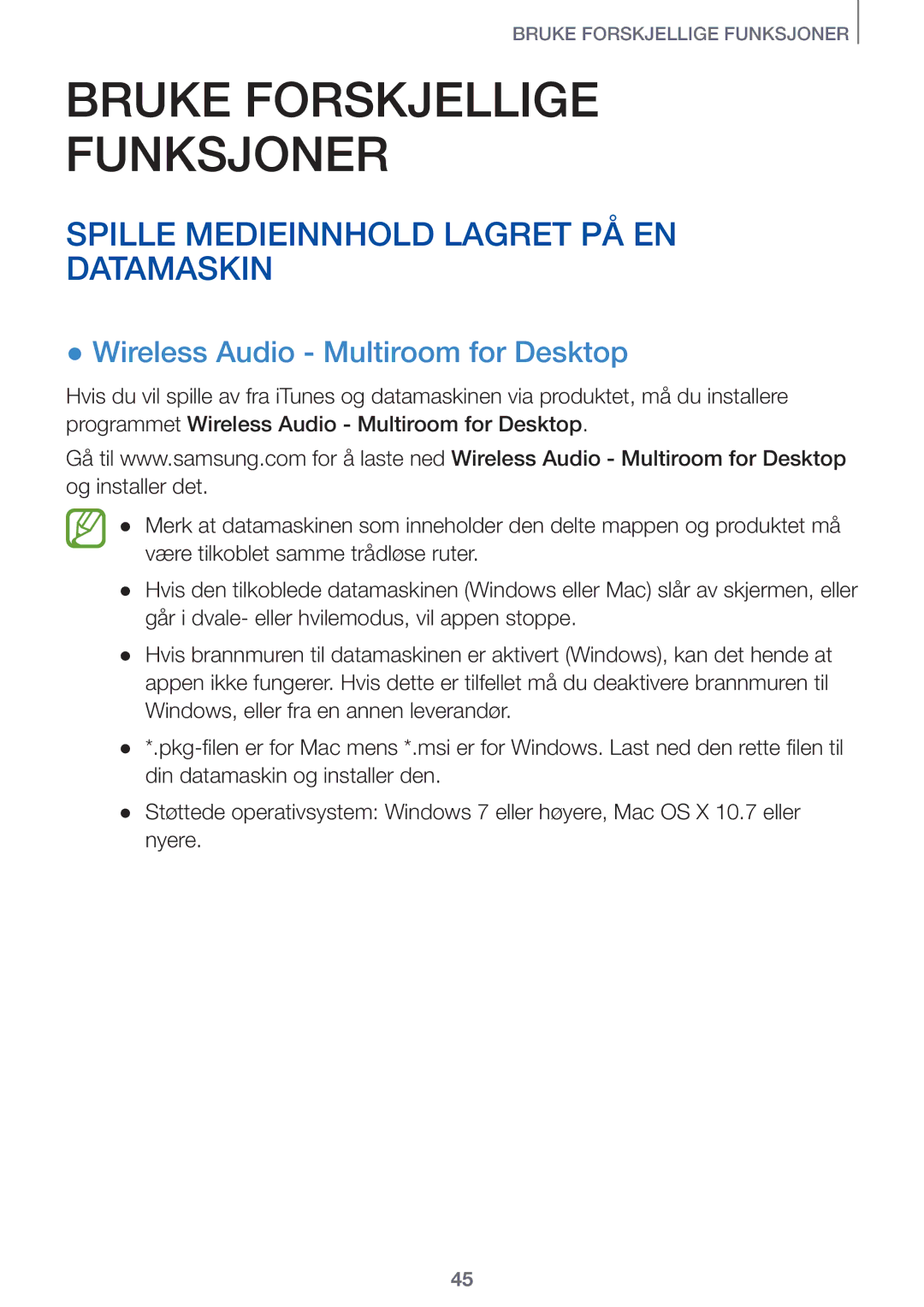 Samsung HW-J8511/XE, HW-J7510/XE manual Spille Medieinnhold Lagret PÅ EN Datamaskin, Wireless Audio Multiroom for Desktop 