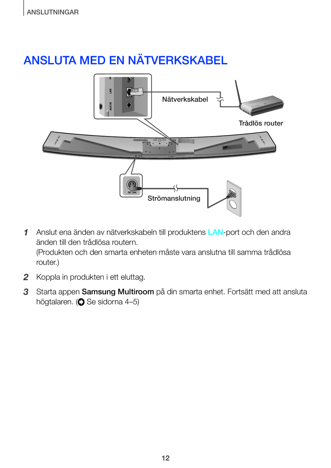 Samsung HW-J7510/XE, HW-J8511/XE, HW-J7511/XE, HW-J8510/XE manual Ansluta MED EN Nätverkskabel 