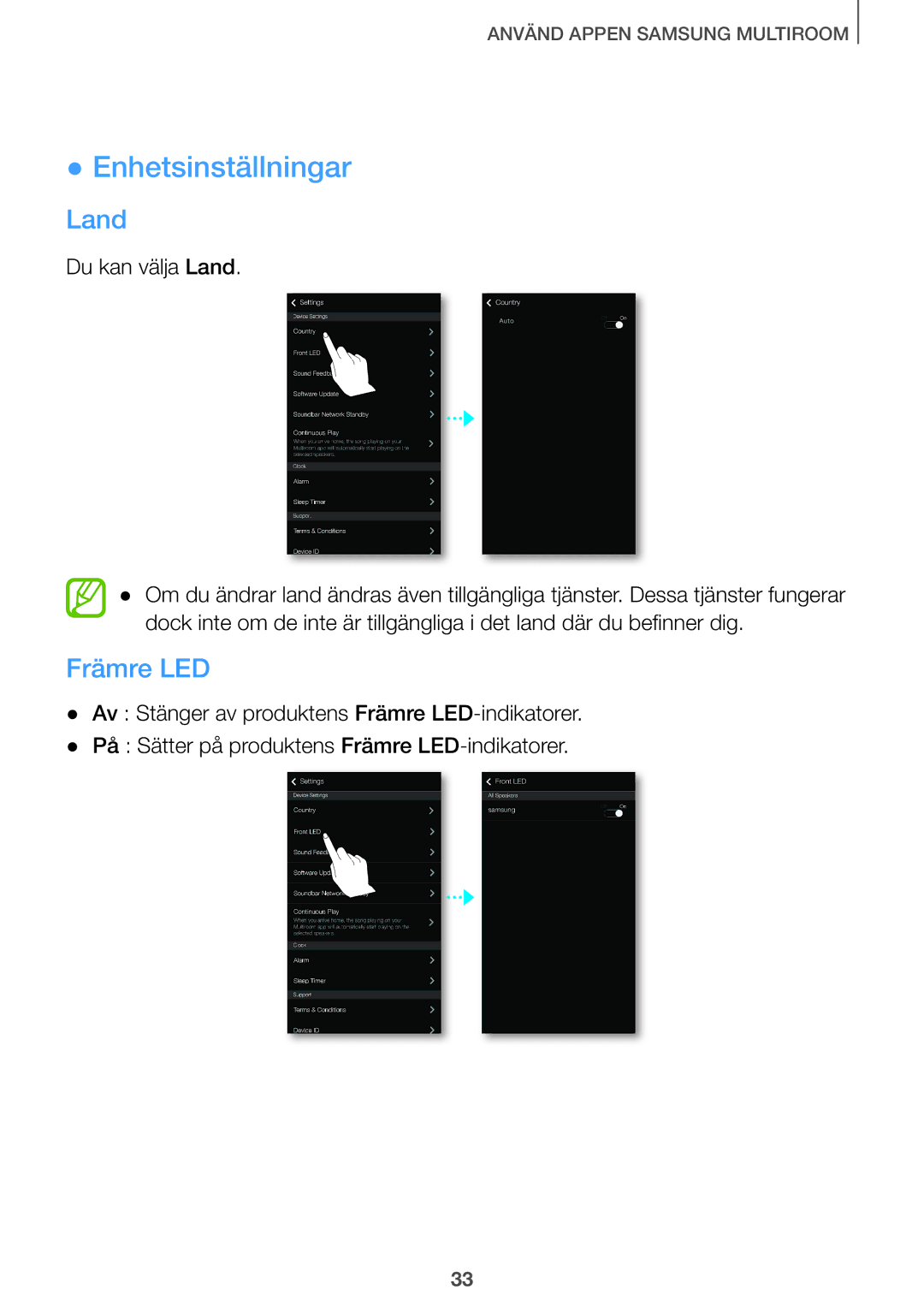 Samsung HW-J8511/XE, HW-J7510/XE, HW-J7511/XE, HW-J8510/XE manual Enhetsinställningar, Land 