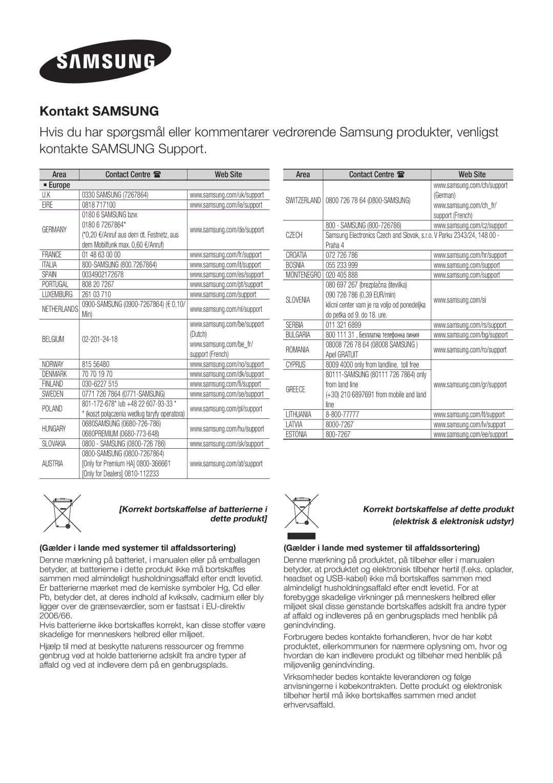 Samsung HW-J8510/XE, HW-J7510/XE, HW-J8511/XE, HW-J7511/XE manual Kontakt Samsung 