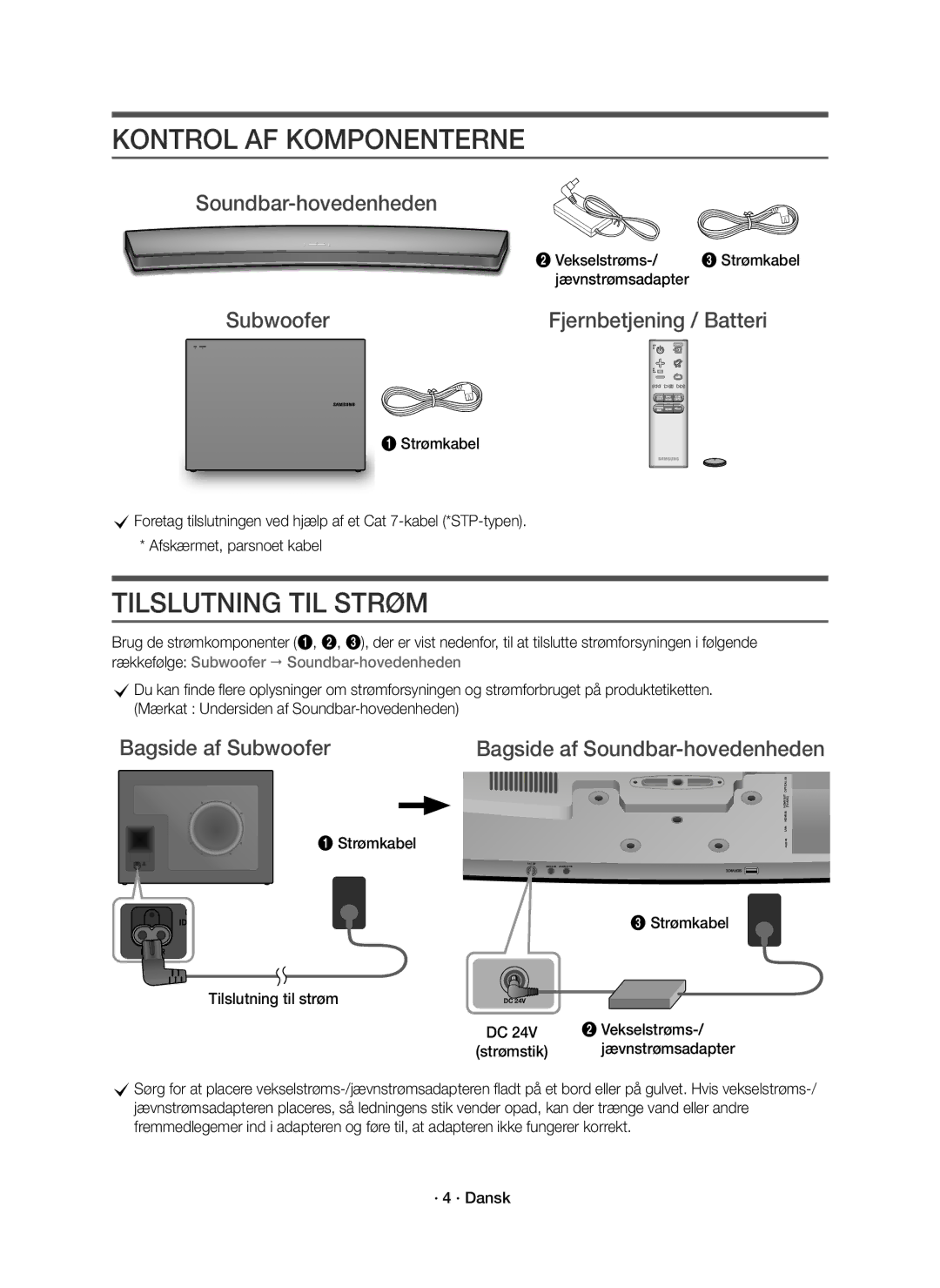 Samsung HW-J7511R/XE, HW-J7510R/XE manual Kontrol AF Komponenterne, Tilslutning TIL Strøm 