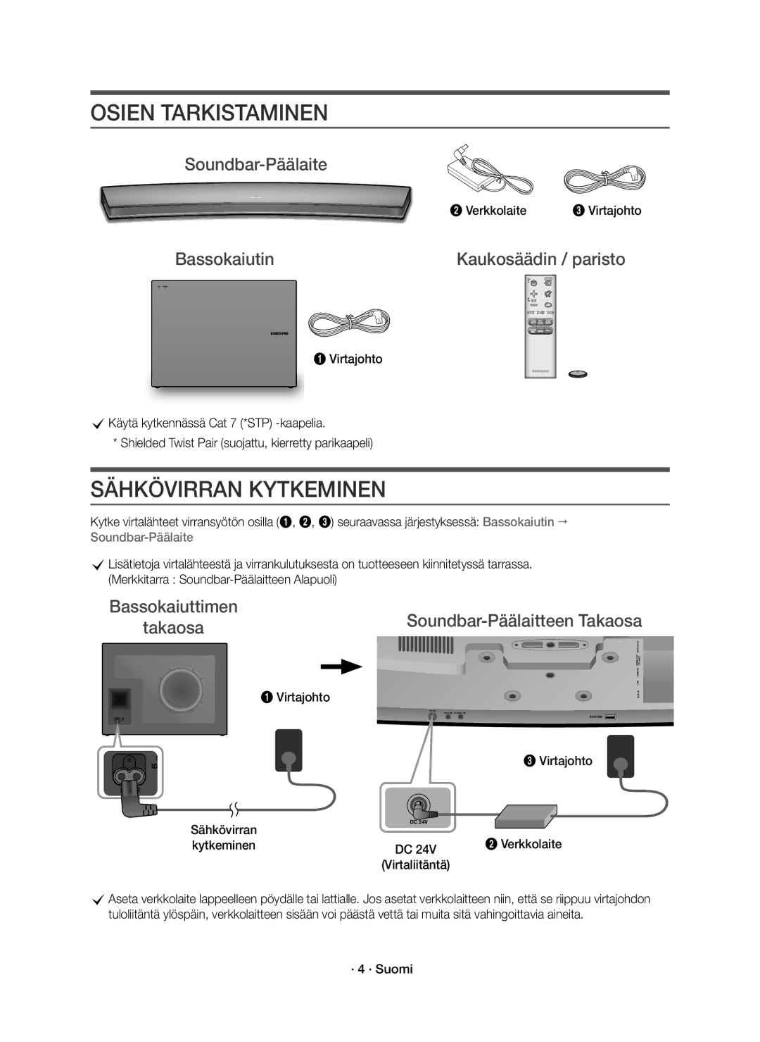 Samsung HW-J7511R/XE, HW-J7510R/XE manual Osien Tarkistaminen, Sähkövirran Kytkeminen 