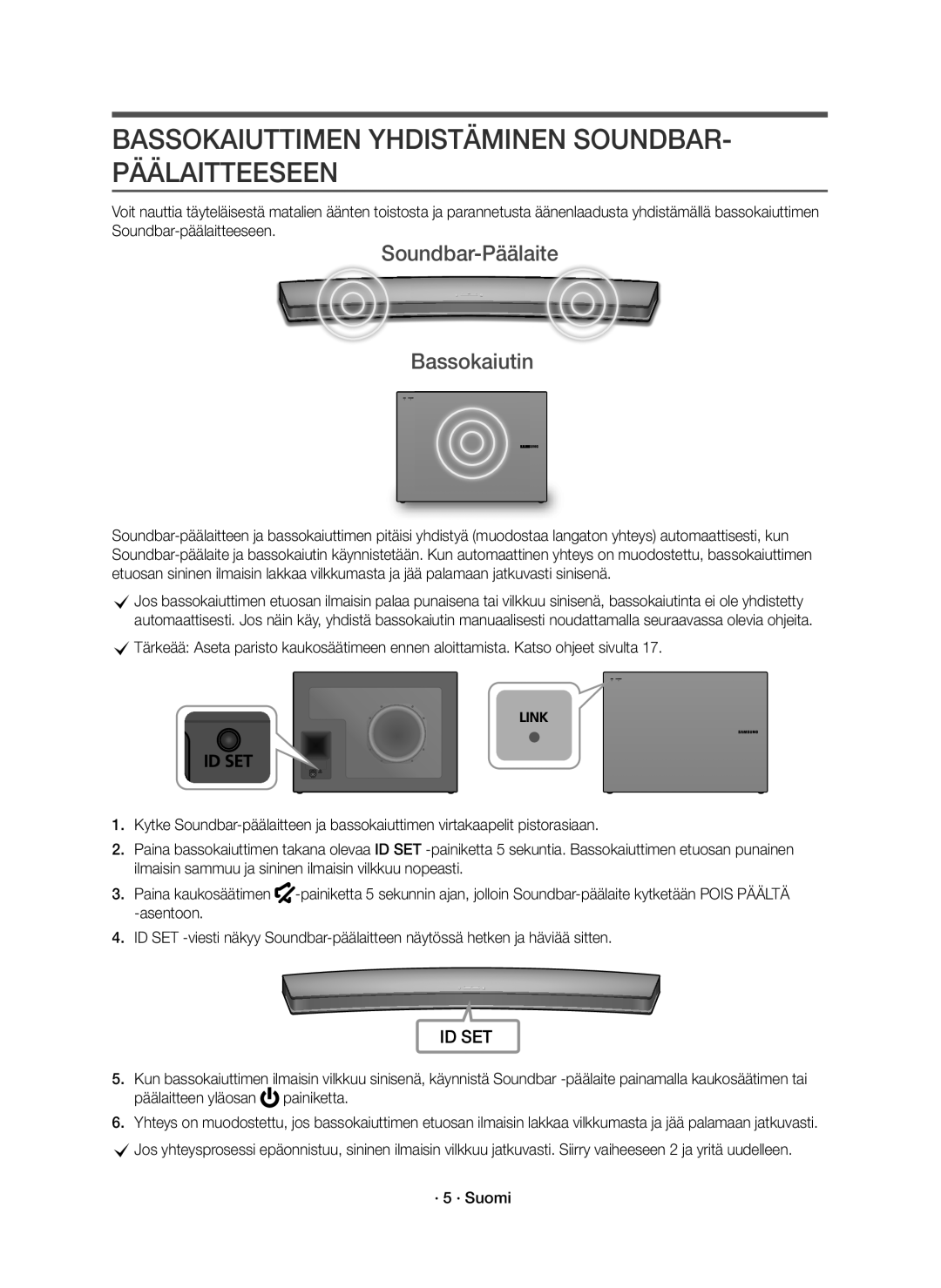 Samsung HW-J7510R/XE, HW-J7511R/XE Bassokaiuttimen Yhdistäminen SOUNDBAR- Päälaitteeseen, Soundbar-Päälaite Bassokaiutin 