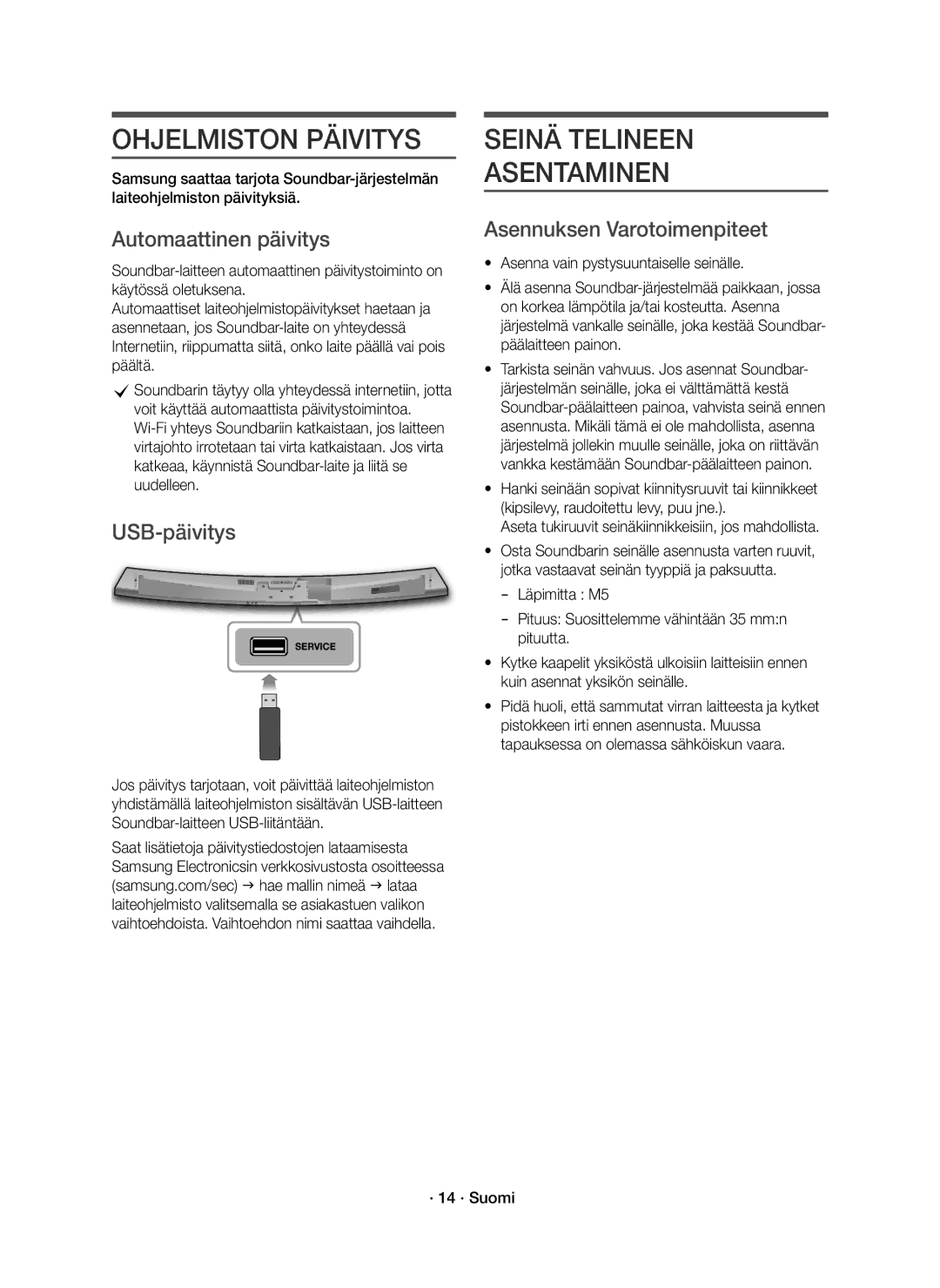 Samsung HW-J7511R/XE, HW-J7510R/XE Ohjelmiston Päivitys, Seinä Telineen Asentaminen, Automaattinen päivitys, USB-päivitys 