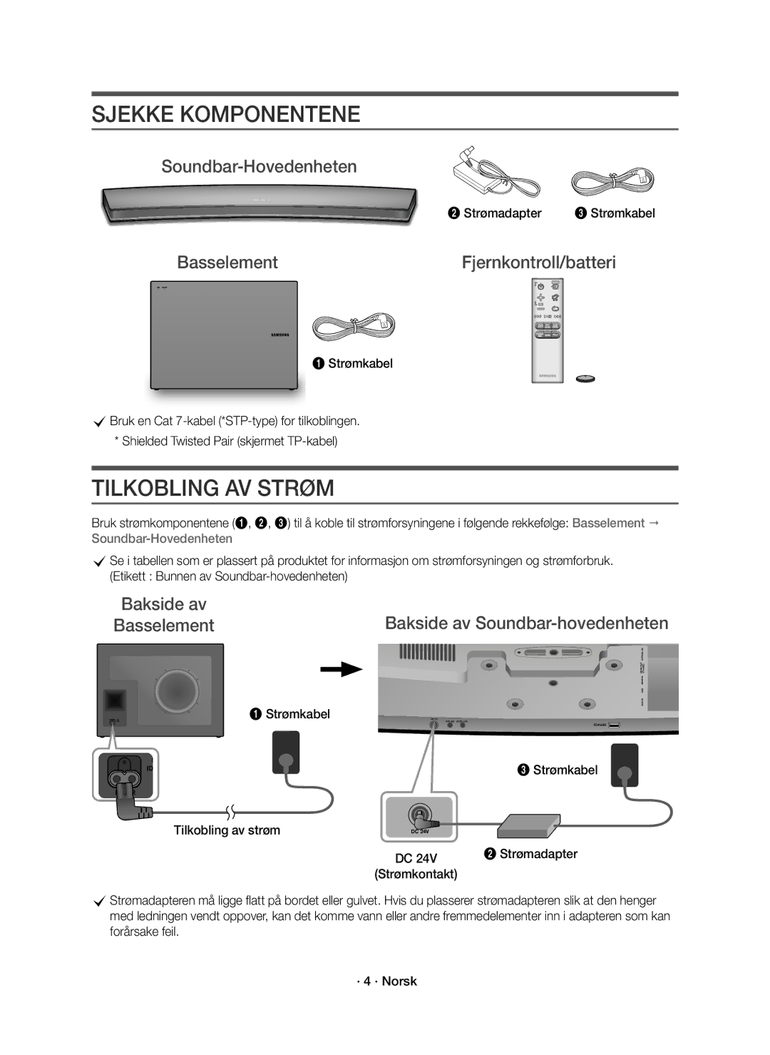 Samsung HW-J7511R/XE Sjekke Komponentene, Tilkobling AV Strøm, Soundbar-Hovedenheten, Tilkobling av strøm Strømadapter 