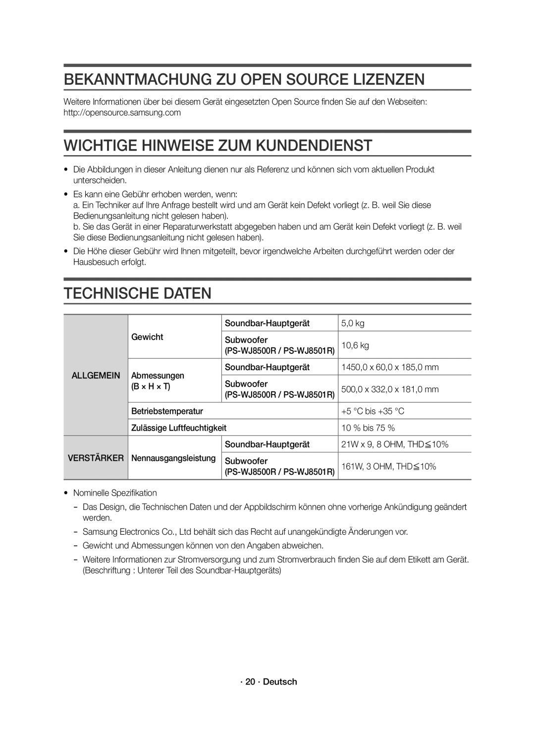 Samsung HW-J8501R/EN manual Bekanntmachung ZU Open Source Lizenzen, Wichtige Hinweise ZUM Kundendienst, Technische Daten 