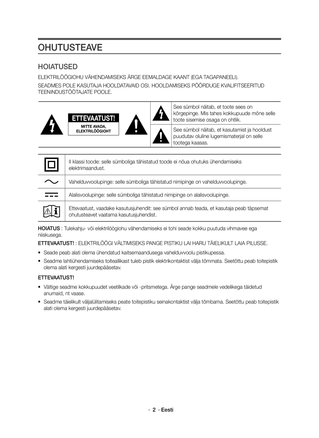 Samsung HW-J8500R/EN, HW-J8501R/EN, HW-J8500R/XN manual Ohutusteave, Ettevaatust 