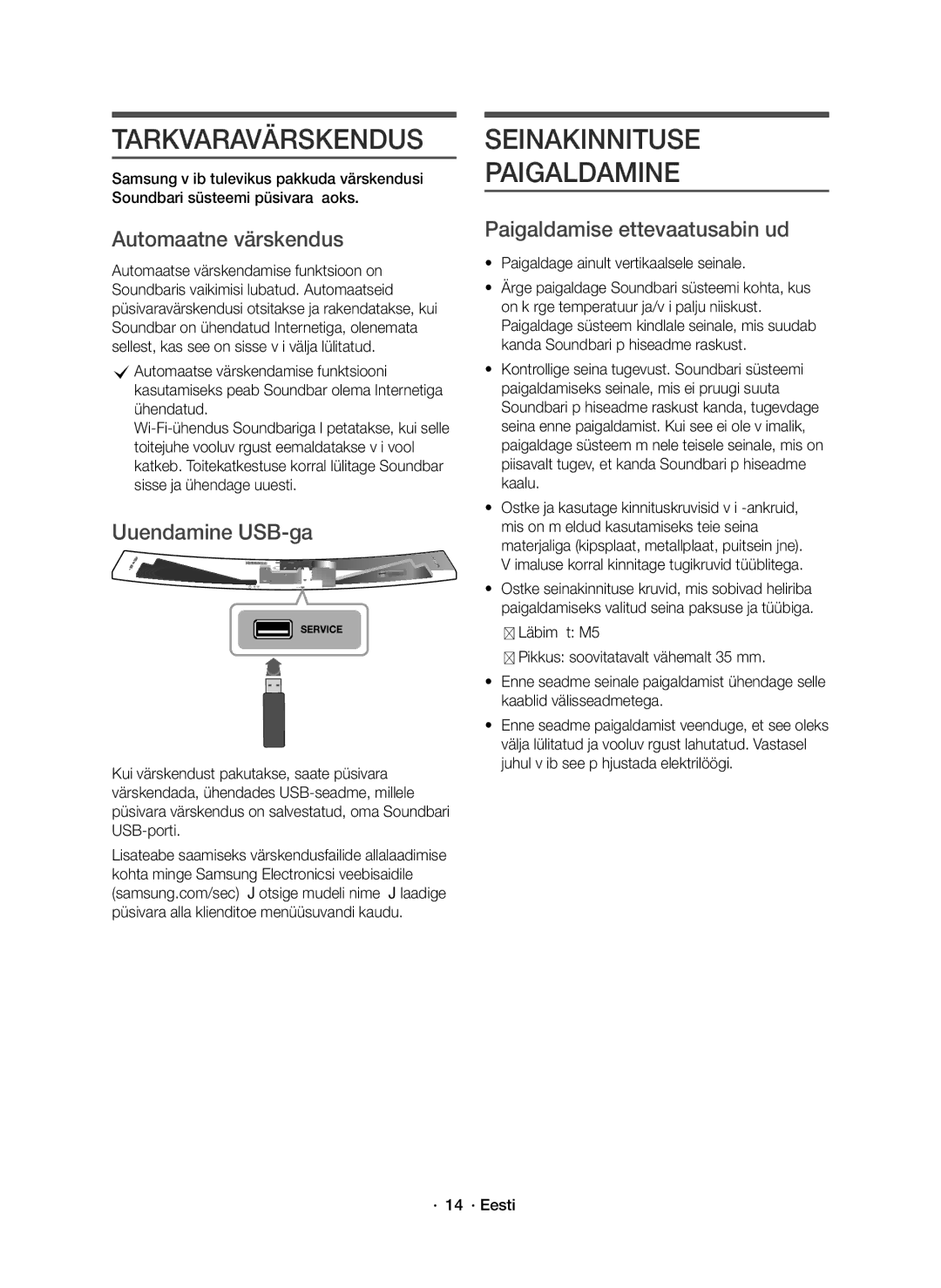 Samsung HW-J8500R/EN manual Tarkvaravärskendus, Seinakinnituse Paigaldamine, Automaatne värskendus, Uuendamine USB-ga 