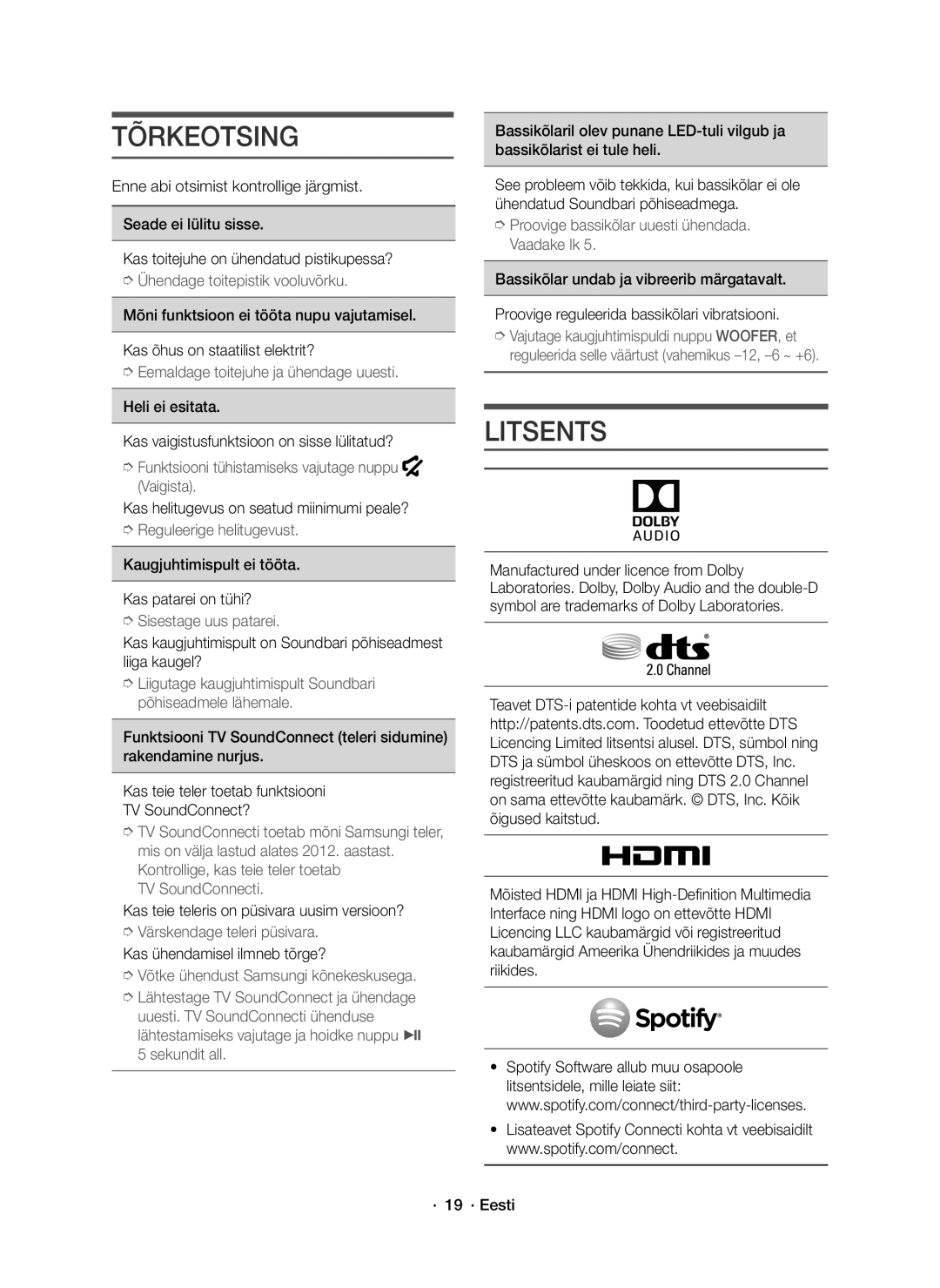 Samsung HW-J8500R/XN, HW-J8500R/EN, HW-J8501R/EN manual Tõrkeotsing, Litsents 