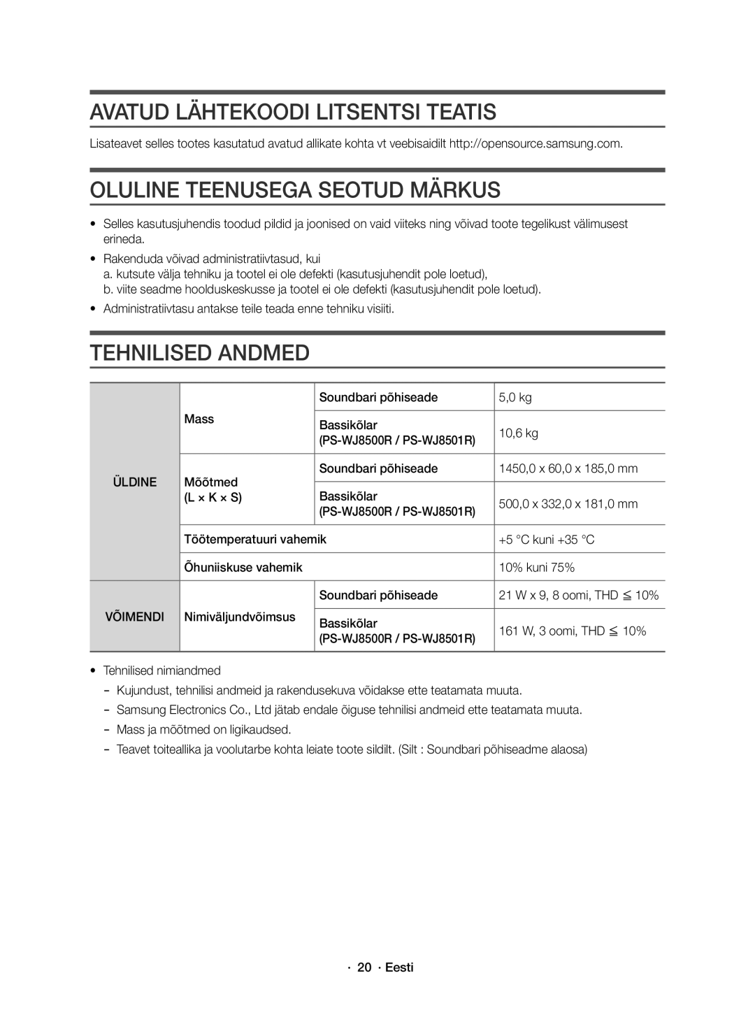 Samsung HW-J8500R/EN manual Avatud Lähtekoodi Litsentsi Teatis, Oluline Teenusega Seotud Märkus, Tehnilised Andmed, Üldine 