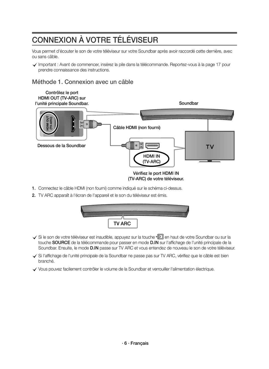 Samsung HW-J8500R/EN, HW-J8501R/EN, HW-J8500R/XN manual Connexion À Votre Téléviseur, Méthode 1. Connexion avec un câble 