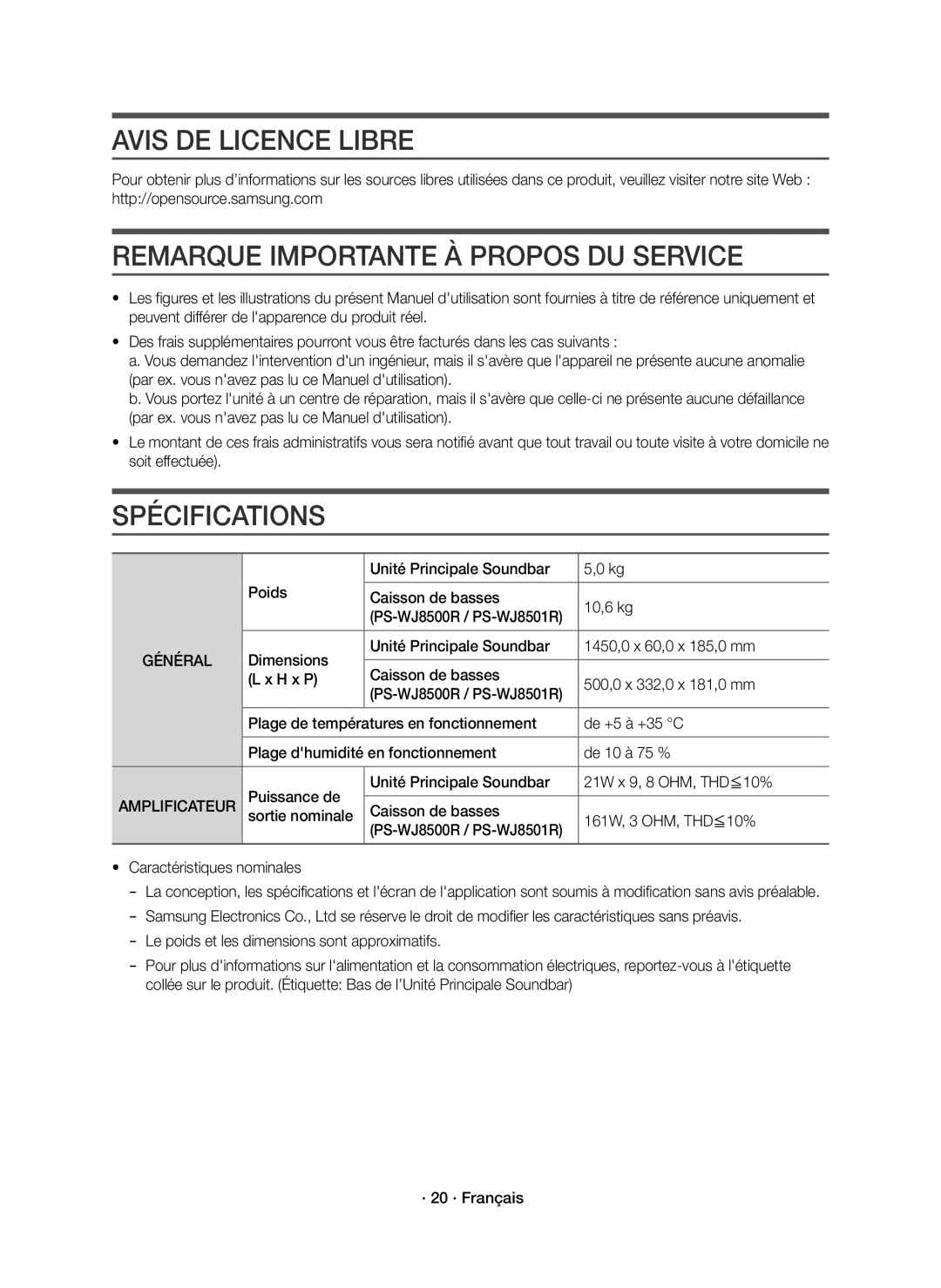 Samsung HW-J8500R/XN manual Avis DE Licence Libre, Remarque Importante À Propos DU Service, Spécifications, Amplificateur 