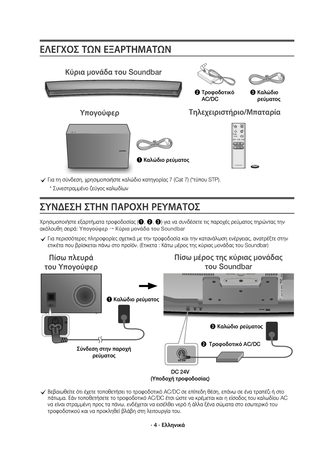 Samsung HW-J8500R/EN, HW-J8501R/EN Ελεγχοσ ΤΩΝ Εξαρτηματων, Συνδεση Στην Παροχη Ρευματοσ, Κύρια μονάδα του Soundbar, Ac/Dc 