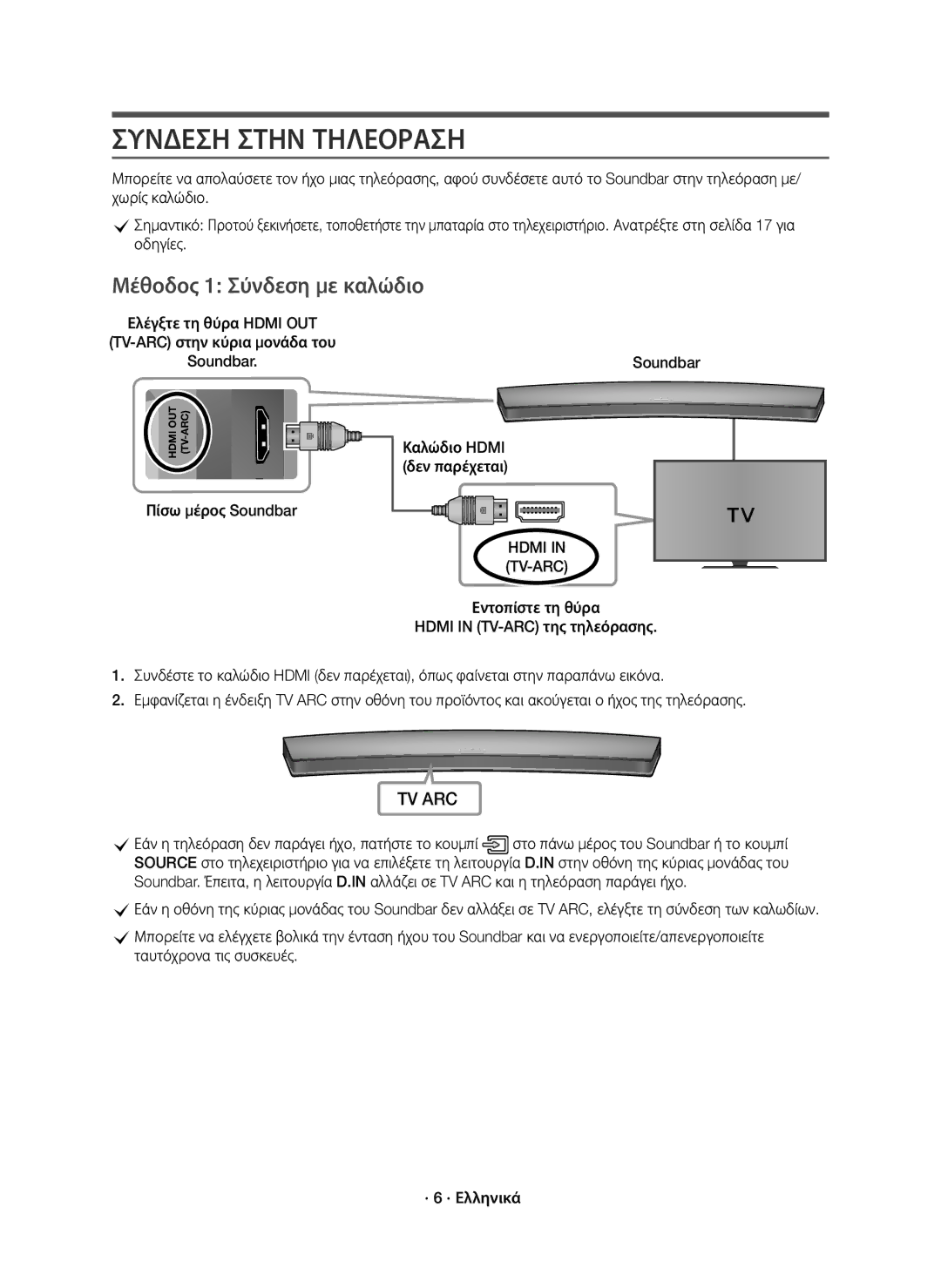 Samsung HW-J8500R/XN Συνδεση Στην Τηλεοραση, Μέθοδος 1 Σύνδεση με καλώδιο, Πίσω μέρος Soundbar Καλώδιο Hdmi δεν παρέχεται 