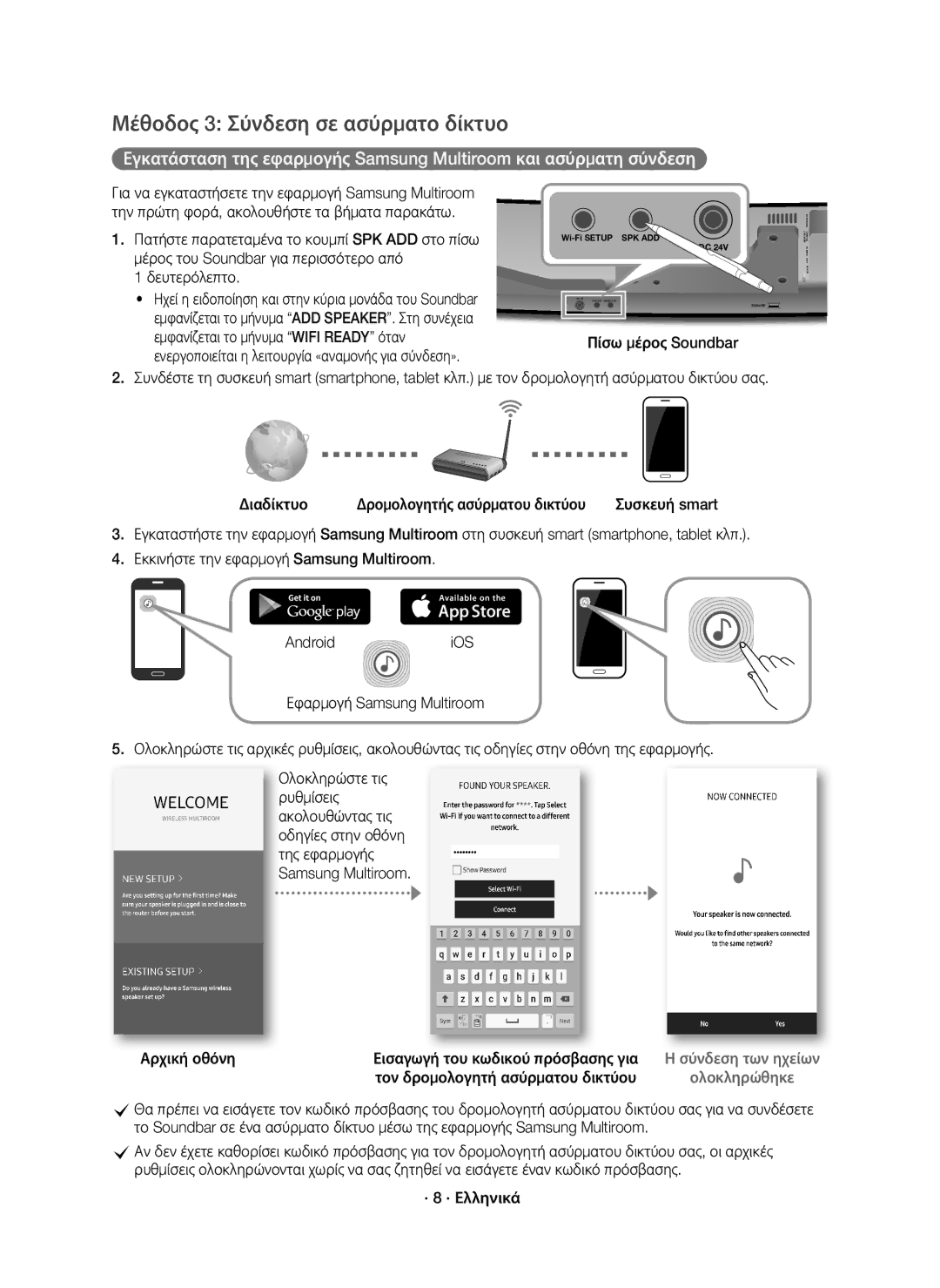 Samsung HW-J8501R/EN, HW-J8500R/EN Μέθοδος 3 Σύνδεση σε ασύρματο δίκτυο, Πίσω μέρος Soundbar, Αρχική οθόνη, · 8 · Ελληνικά 