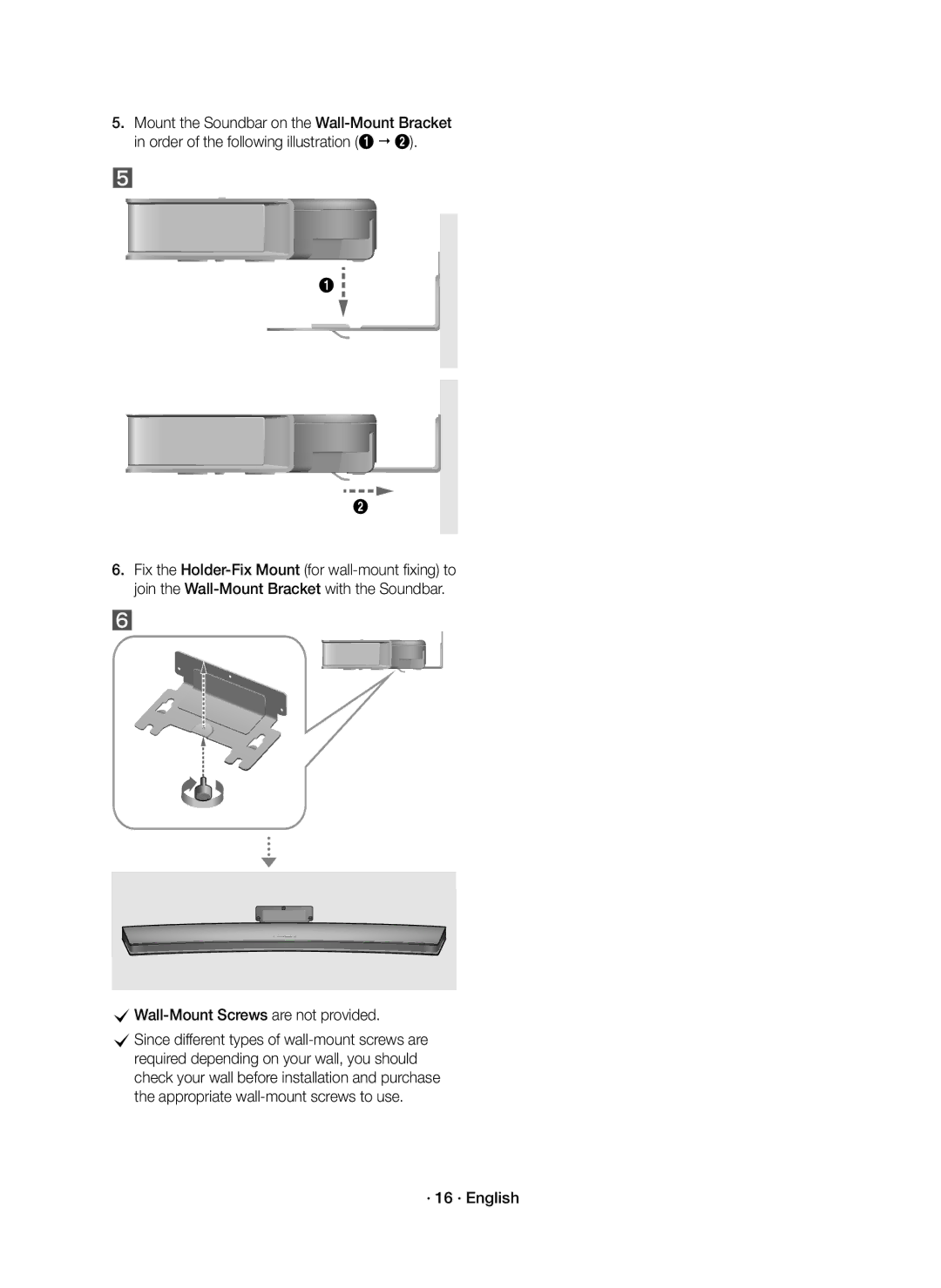 Samsung HW-J8501R/EN, HW-J8500R/EN, HW-J8500R/XN manual CWall-Mount Screws are not provided, · 16 · English 