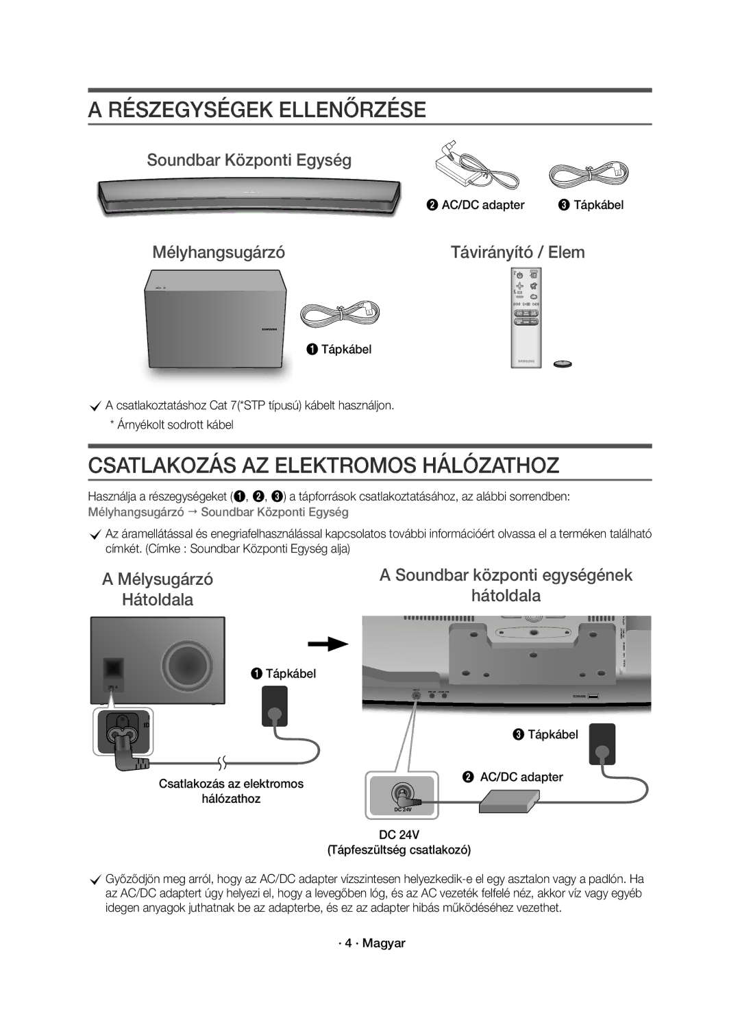 Samsung HW-J8500R/XN manual Részegységek Ellenőrzése, Csatlakozás AZ Elektromos Hálózathoz, Soundbar Központi Egység 