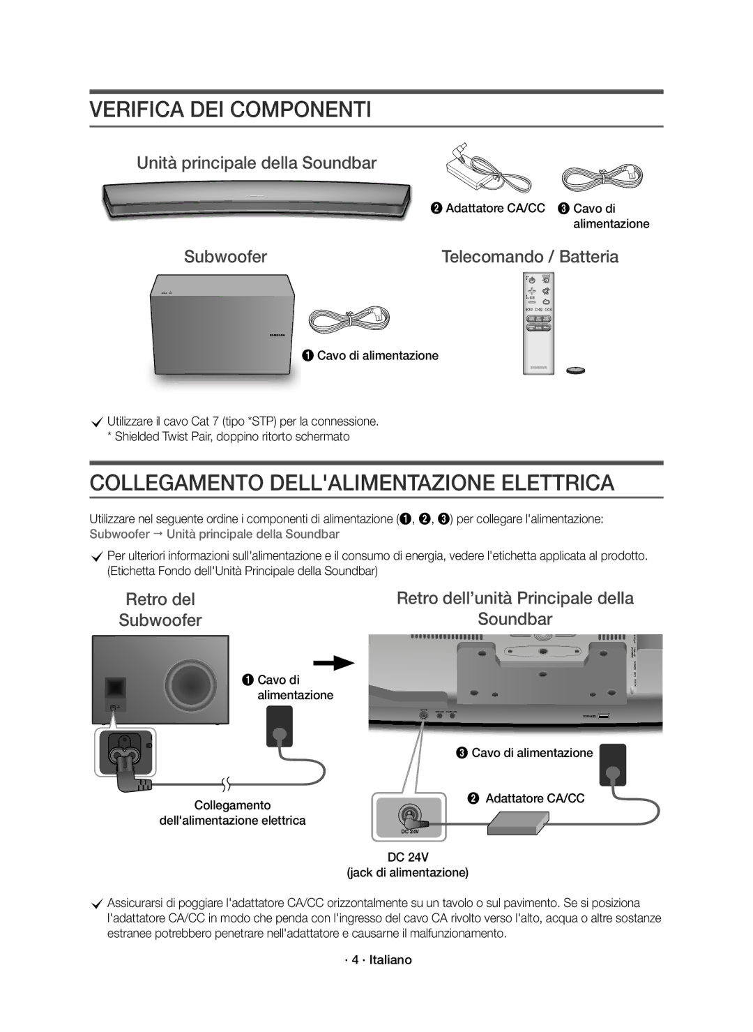 Samsung HW-J8501R/EN, HW-J8500R/EN, HW-J8500R/XN manual Verifica DEI Componenti, Collegamento Dellalimentazione Elettrica 