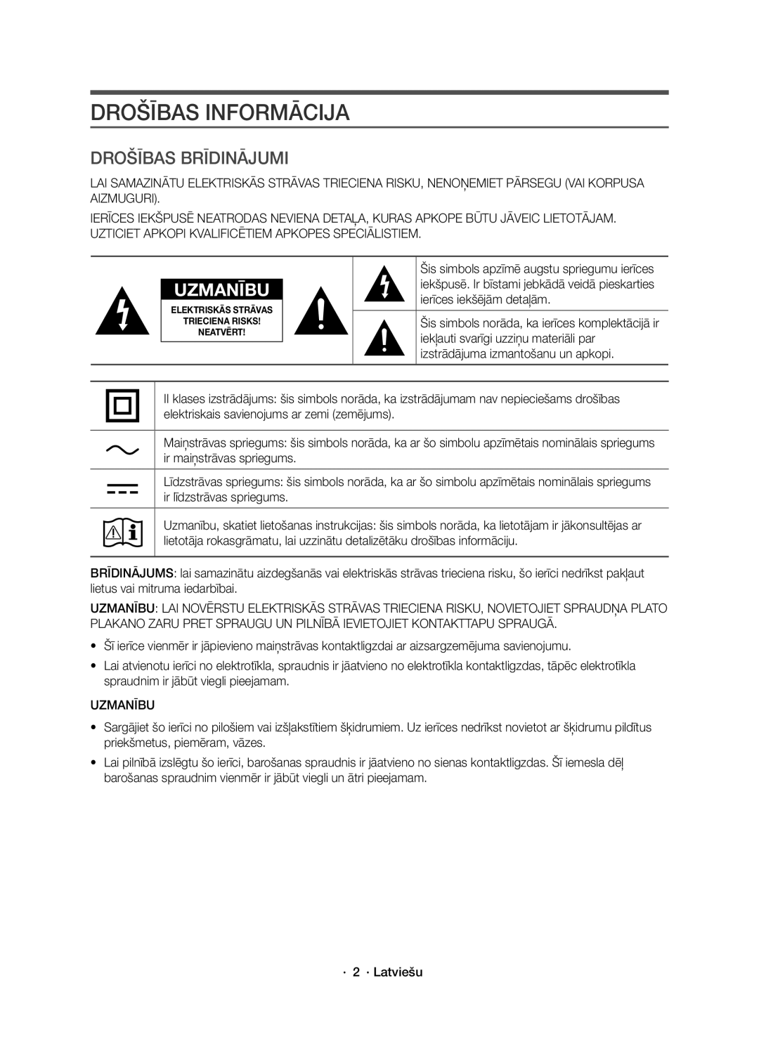 Samsung HW-J8501R/EN, HW-J8500R/EN, HW-J8500R/XN manual Drošības Informācija, Uzmanību 