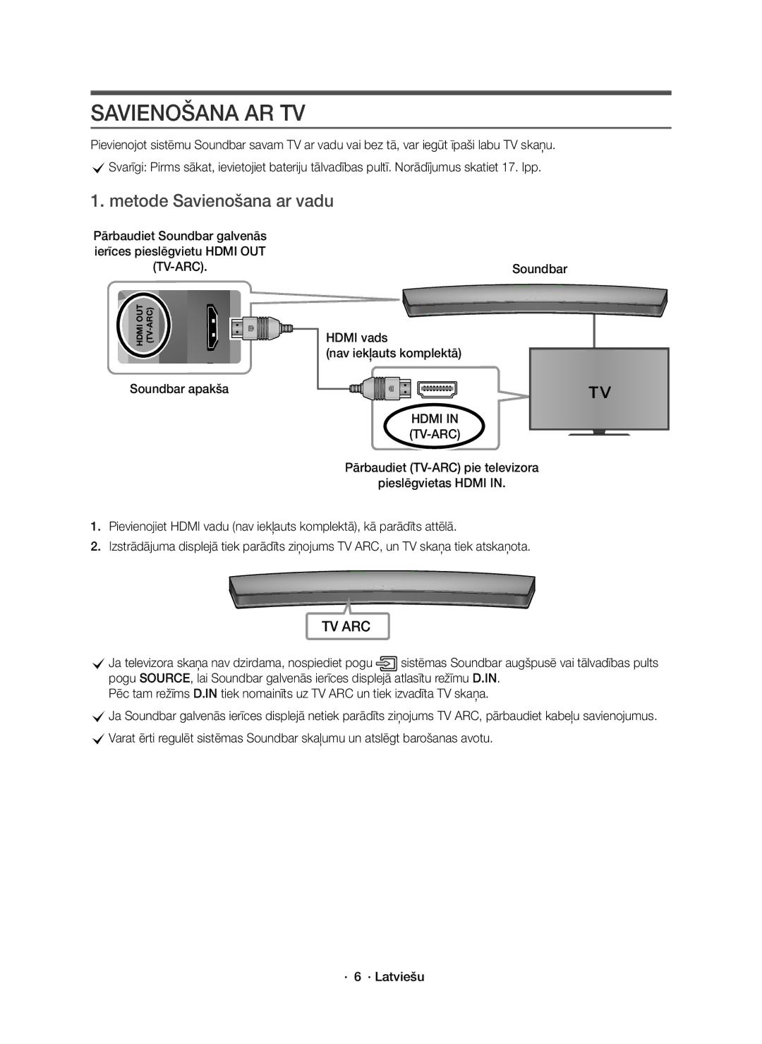 Samsung HW-J8500R/XN manual Savienošana AR TV, Metode Savienošana ar vadu, Soundbar apakša Hdmi vads Nav iekļauts komplektā 