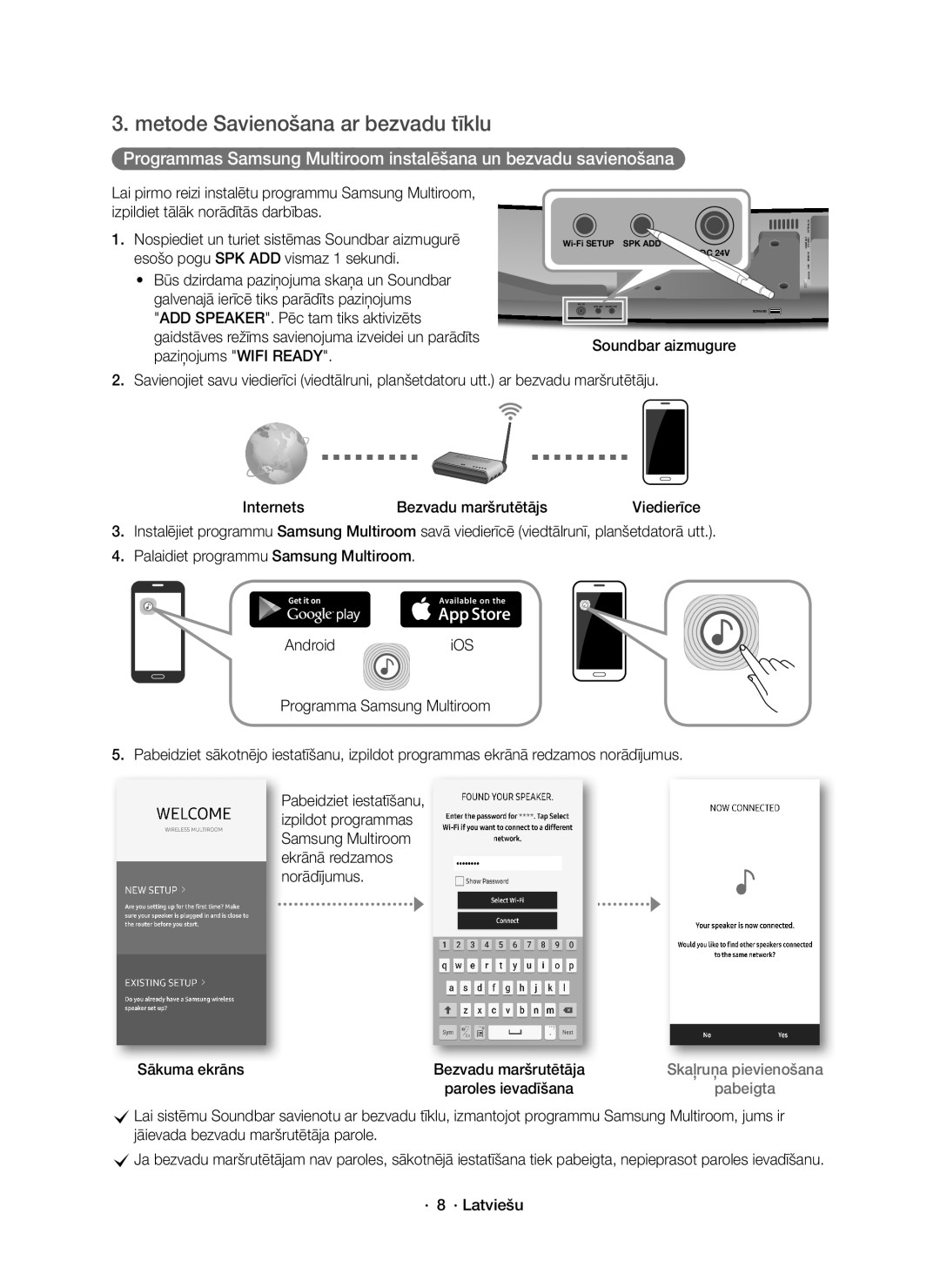 Samsung HW-J8501R/EN, HW-J8500R/EN manual Metode Savienošana ar bezvadu tīklu, Soundbar aizmugure, Sākuma ekrāns, Pabeigta 