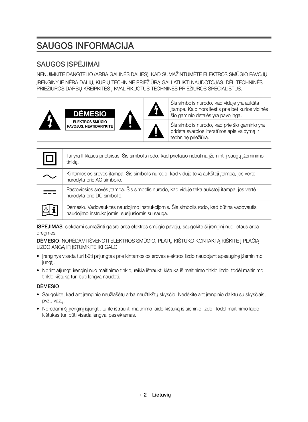 Samsung HW-J8500R/EN, HW-J8501R/EN, HW-J8500R/XN manual Saugos Informacija, Dėmesio 