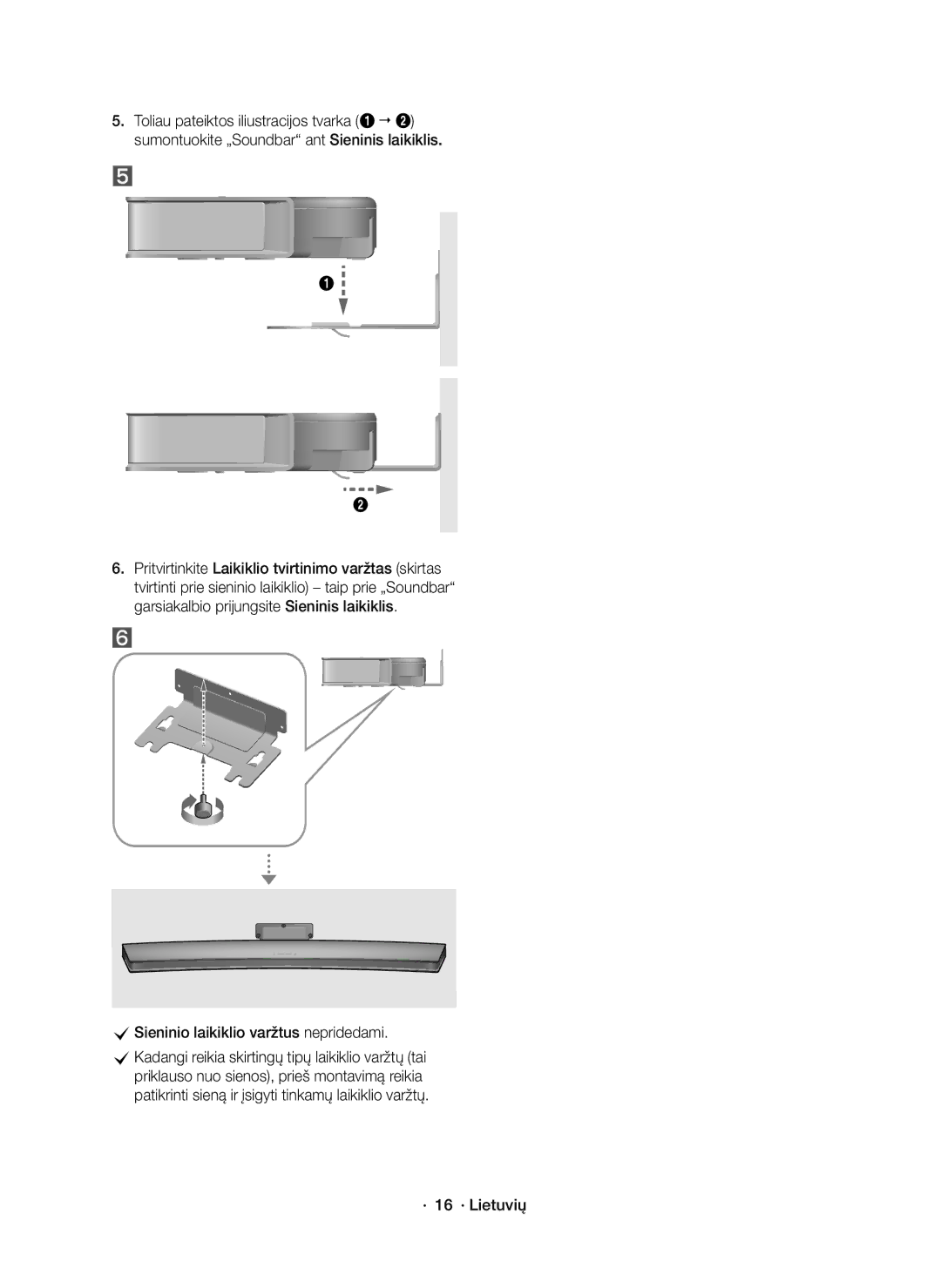 Samsung HW-J8500R/XN, HW-J8500R/EN, HW-J8501R/EN manual CSieninio laikiklio varžtus nepridedami, · 16 · Lietuvių 