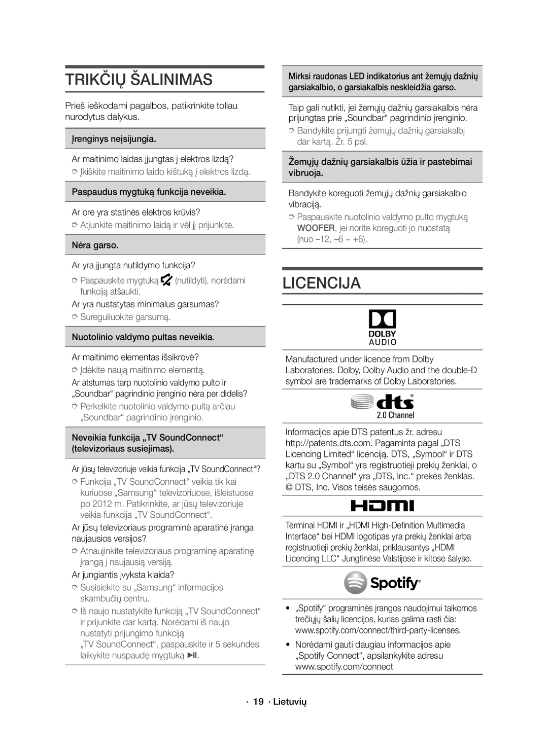 Samsung HW-J8500R/XN, HW-J8500R/EN, HW-J8501R/EN manual Trikčių Šalinimas, Licencija 