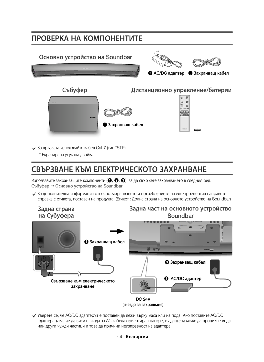 Samsung HW-J8500R/EN Проверка НА Компонентите, Свързване КЪМ Електрическото Захранване, Основно устройство на Soundbar 