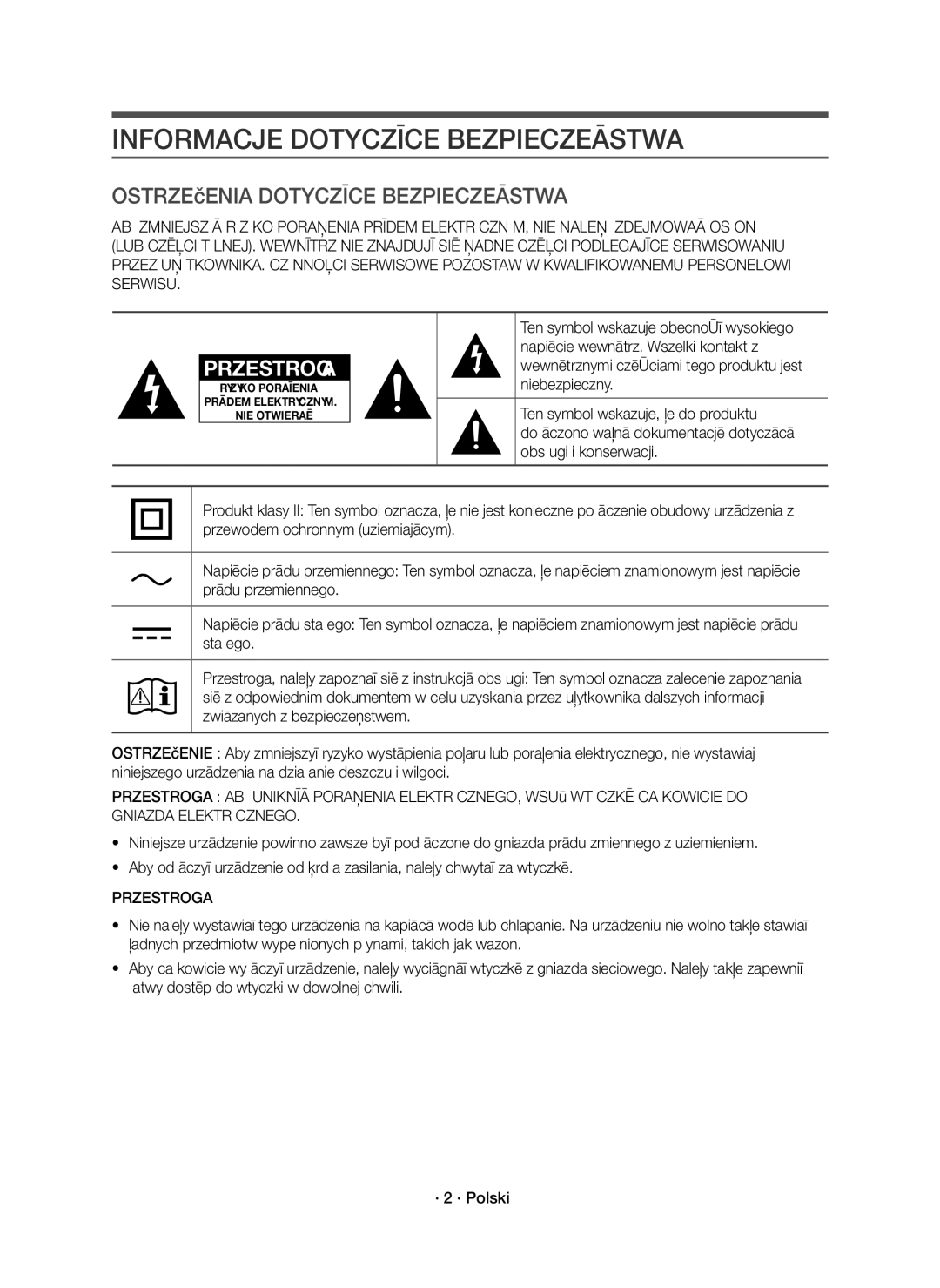 Samsung HW-J8500R/XN, HW-J8500R/EN, HW-J8501R/EN manual Informacje Dotyczące Bezpieczeństwa, Przestroga 