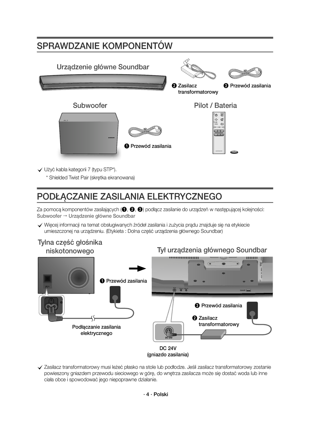 Samsung HW-J8501R/EN manual Sprawdzanie Komponentów, Podłączanie Zasilania Elektrycznego, Urządzenie główne Soundbar 