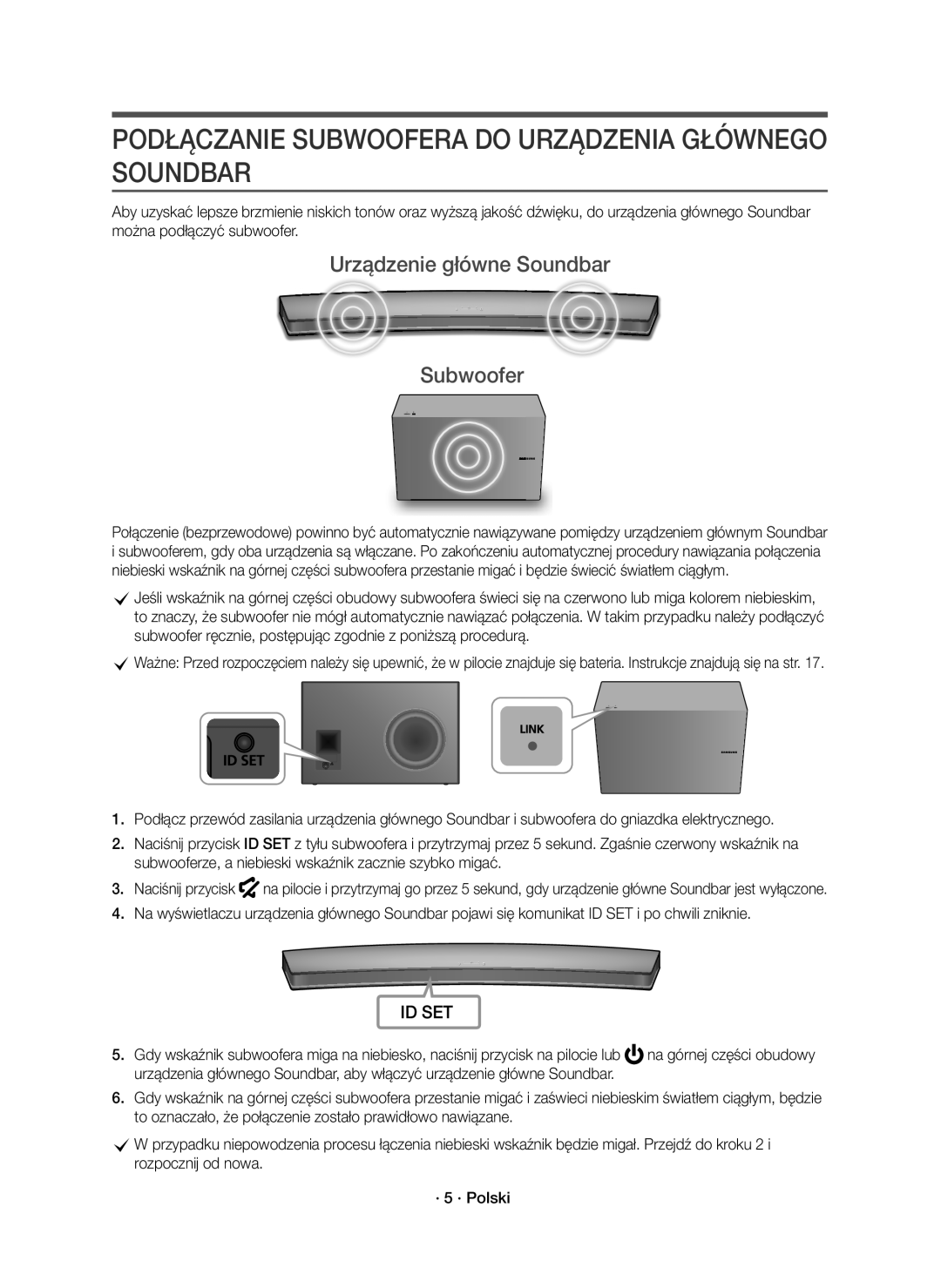 Samsung HW-J8500R/XN manual Podłączanie Subwoofera do Urządzenia Głównego Soundbar, Urządzenie główne Soundbar Subwoofer 