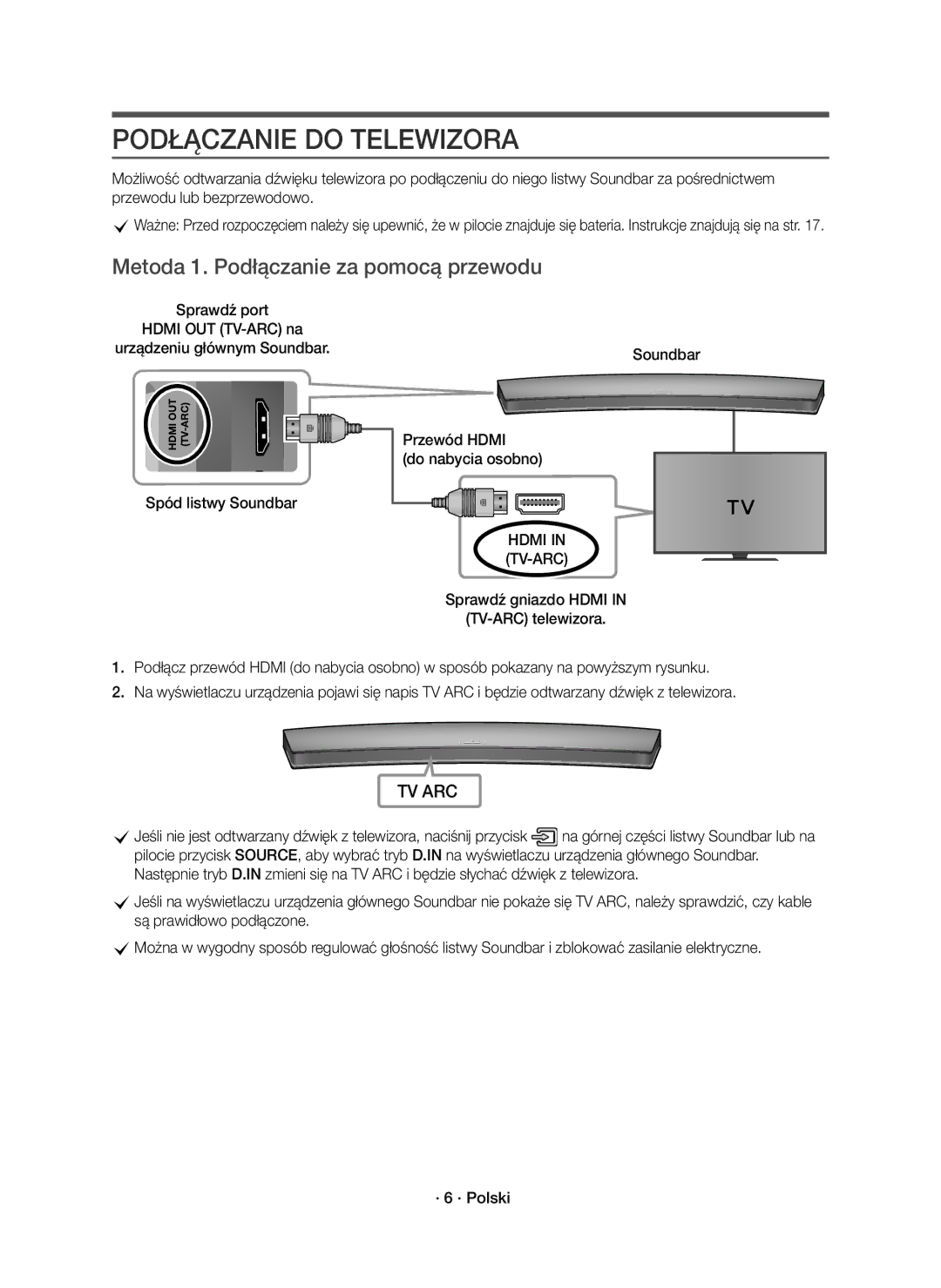 Samsung HW-J8500R/EN, HW-J8501R/EN, HW-J8500R/XN manual Podłączanie do Telewizora, Metoda 1. Podłączanie za pomocą przewodu 