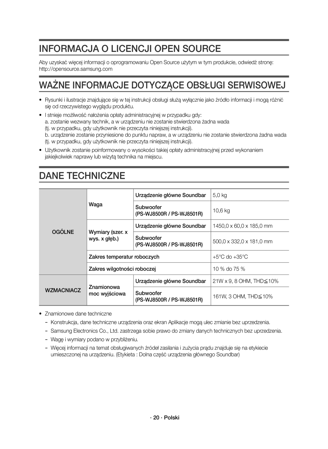 Samsung HW-J8500R/XN, HW-J8500R/EN, HW-J8501R/EN Informacja O Licencji Open Source, Dane Techniczne, Ogólne, · 20 · Polski 