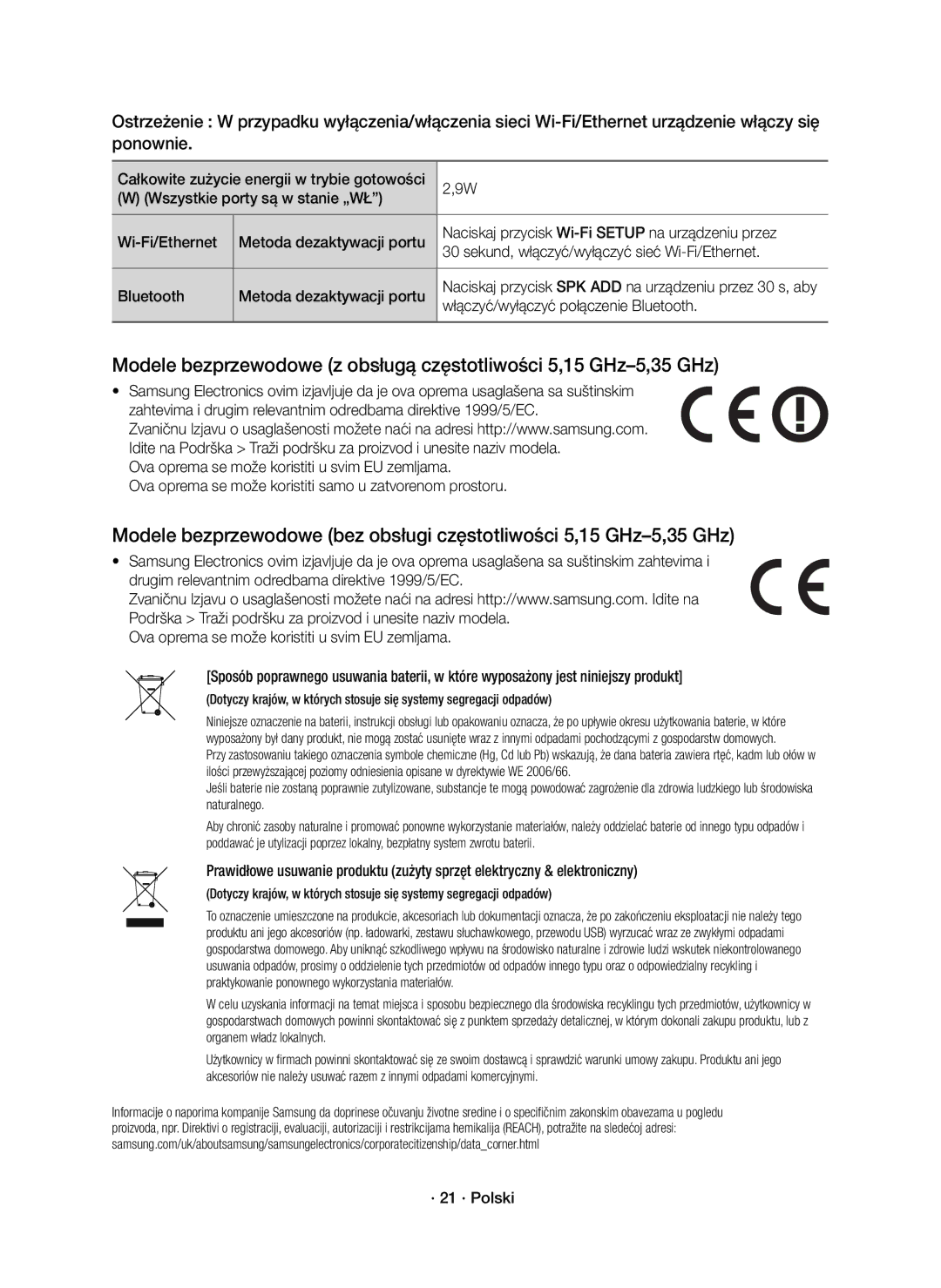 Samsung HW-J8500R/EN, HW-J8501R/EN Wszystkie porty są w stanie „WŁ, Włączyć/wyłączyć połączenie Bluetooth, · 21 · Polski 