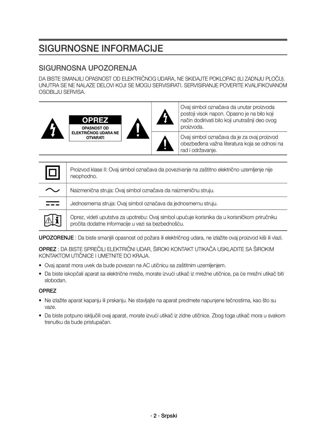 Samsung HW-J8500R/EN, HW-J8501R/EN, HW-J8500R/XN manual Opasnost OD Električnog Udara NE Otvarati 