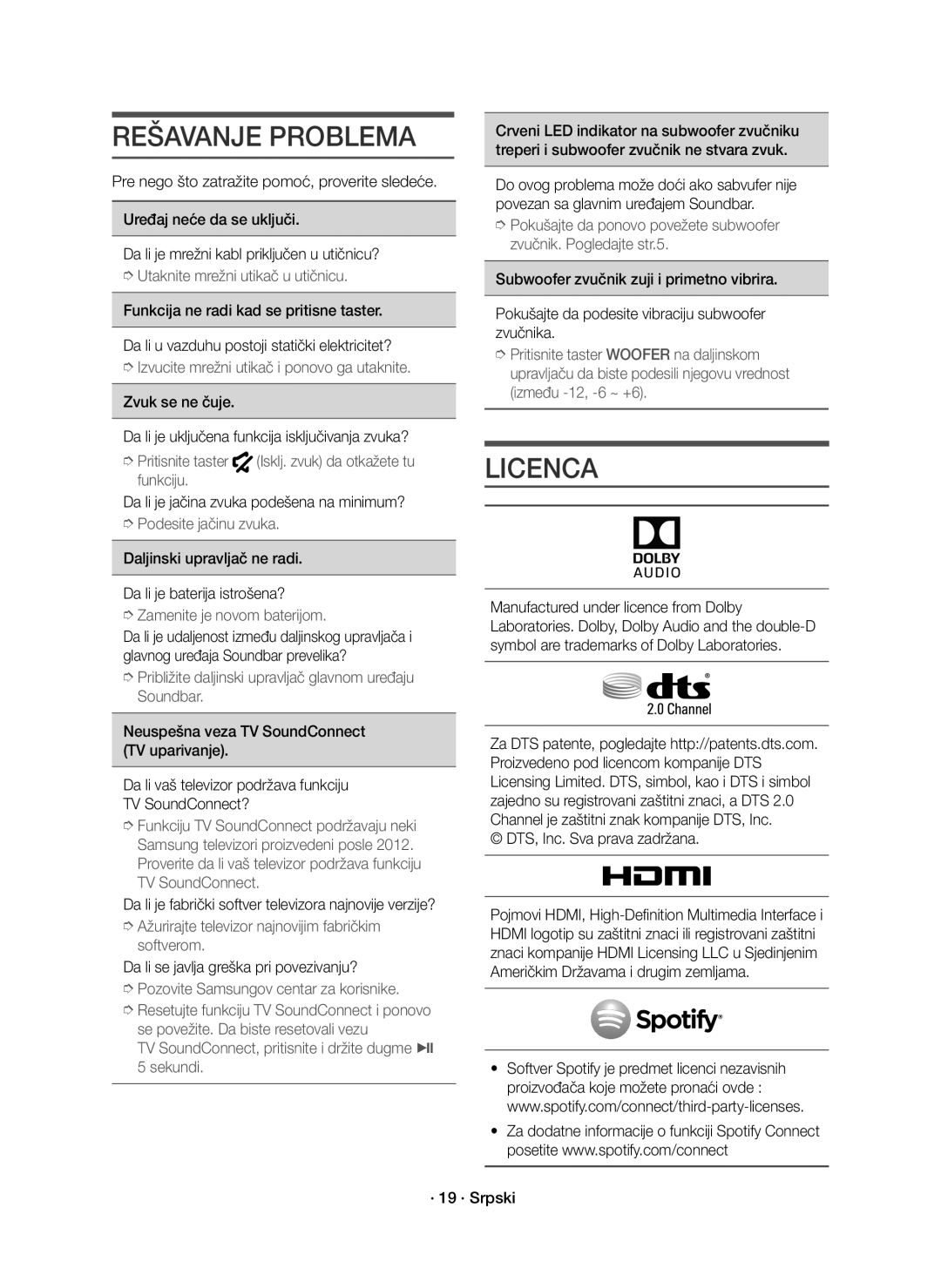 Samsung HW-J8500R/XN, HW-J8500R/EN, HW-J8501R/EN manual Rešavanje Problema 