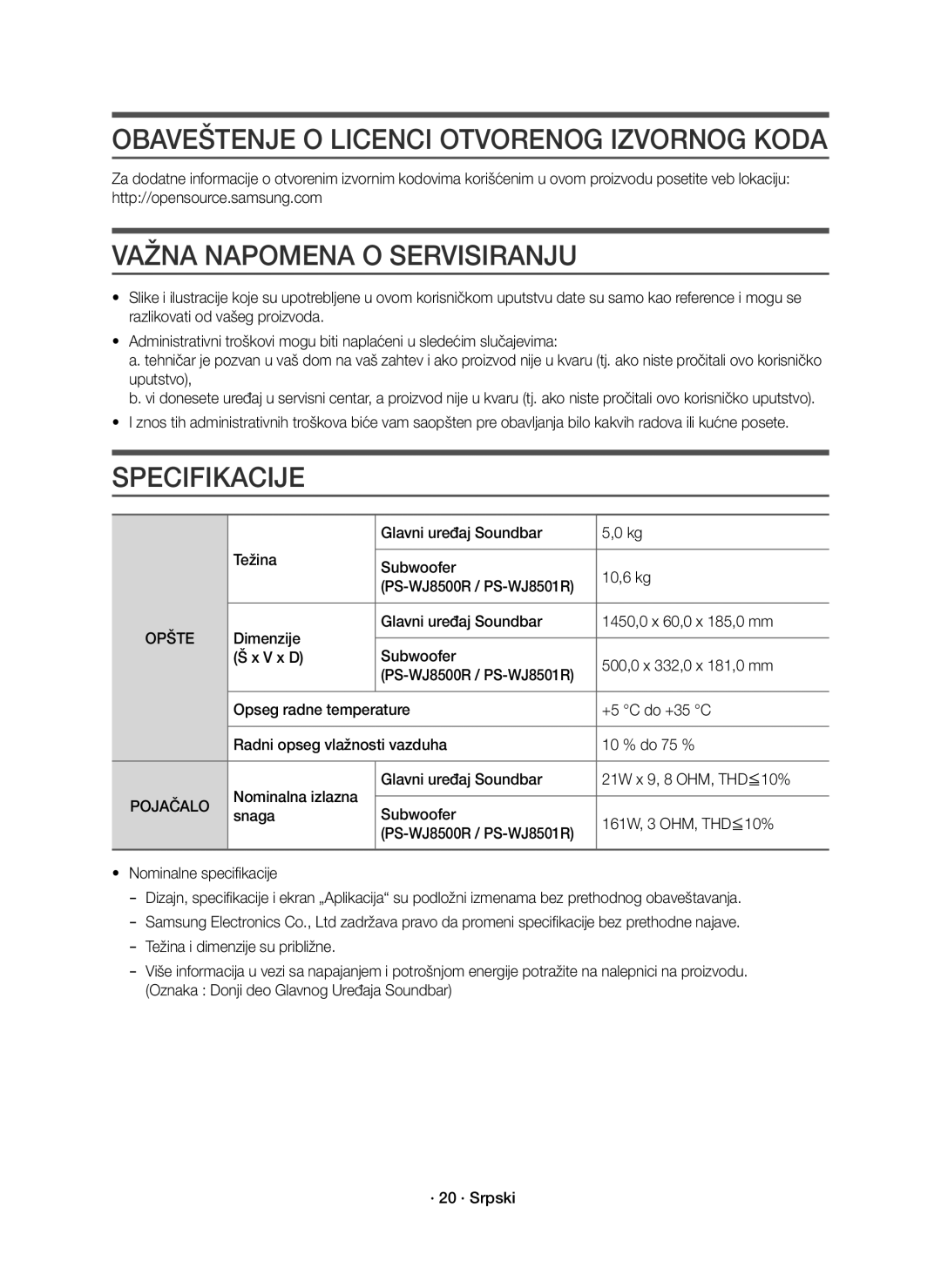 Samsung HW-J8500R/EN, HW-J8501R/EN, HW-J8500R/XN manual Važna Napomena O Servisiranju, Specifikacije, Opšte 