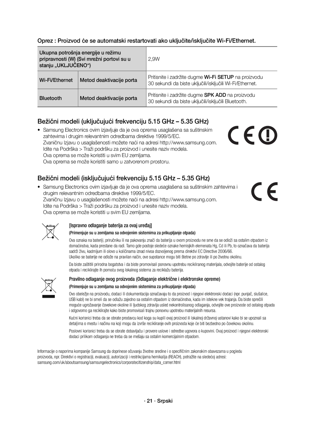 Samsung HW-J8501R/EN, HW-J8500R/EN, HW-J8500R/XN Bežični modeli uključujući frekvenciju 5.15 GHz 5.35 GHz, · 21 · Srpski 