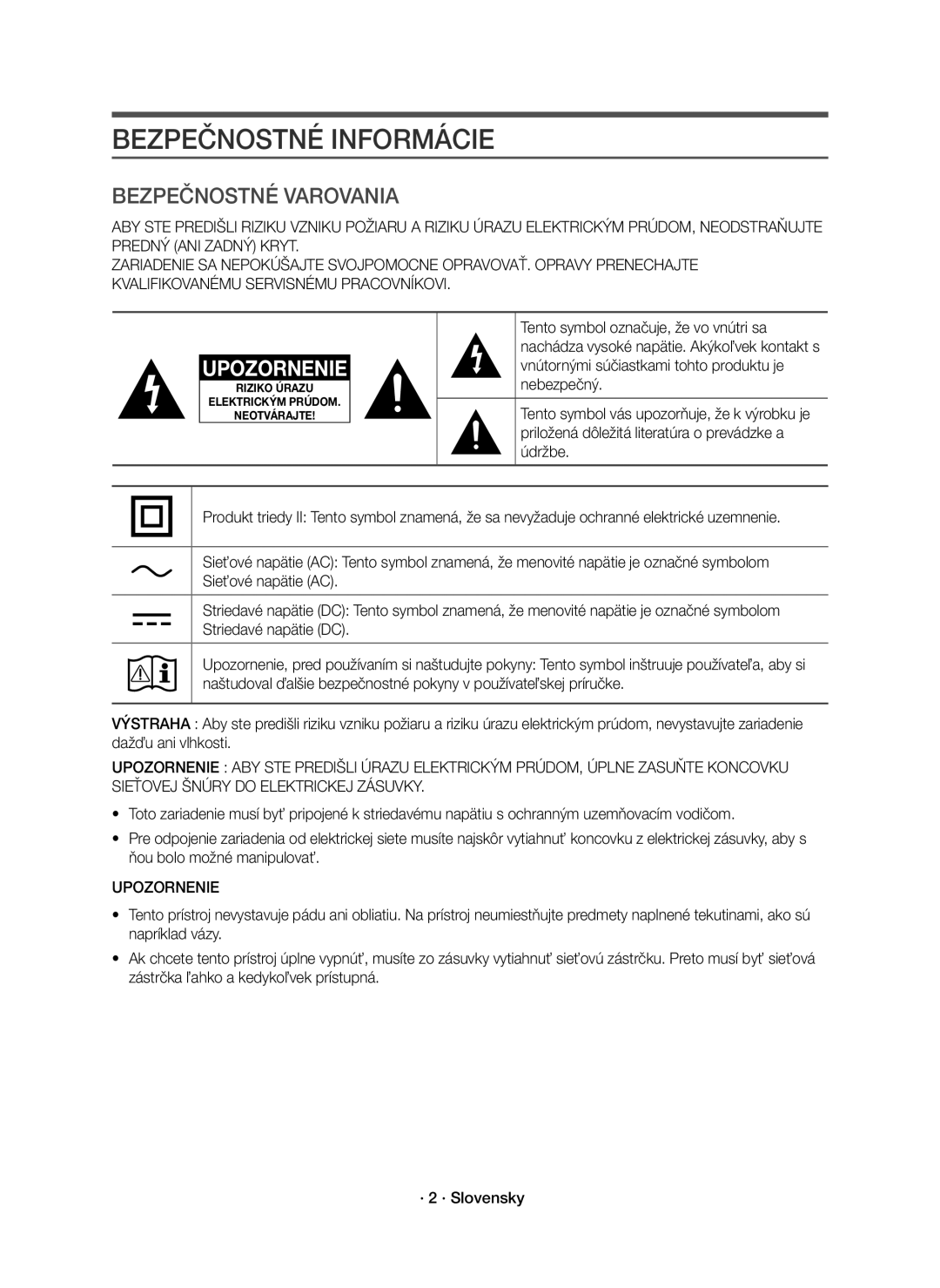 Samsung HW-J8500R/XN, HW-J8500R/EN, HW-J8501R/EN manual Bezpečnostné Informácie, Upozornenie 