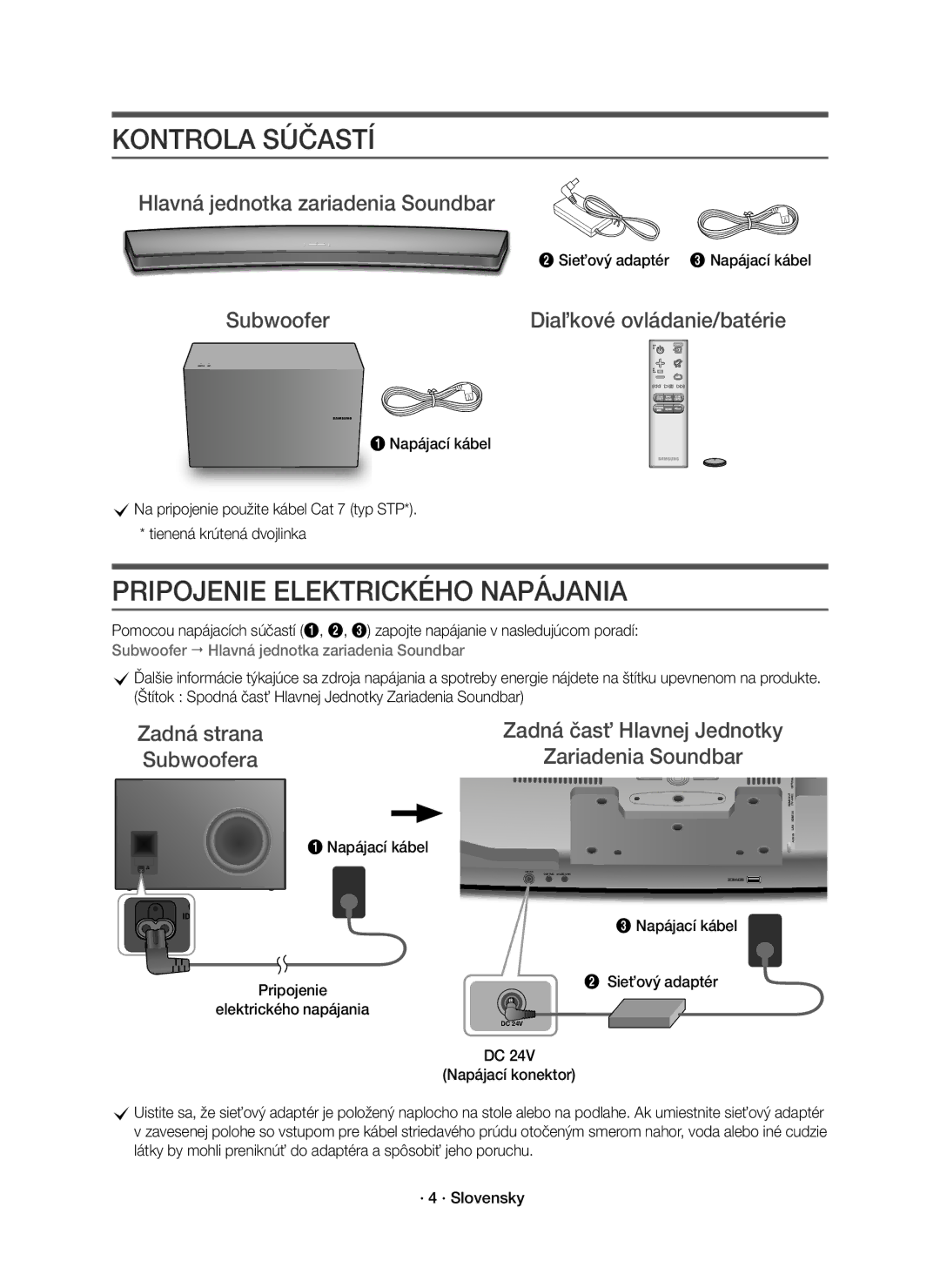 Samsung HW-J8501R/EN manual Kontrola Súčastí, Pripojenie Elektrického Napájania, Hlavná jednotka zariadenia Soundbar 