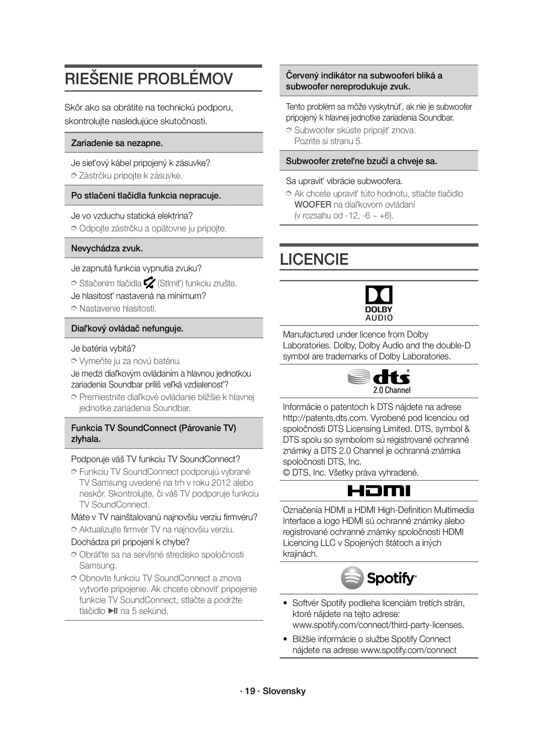 Samsung HW-J8501R/EN, HW-J8500R/EN manual Riešenie Problémov, Licencie, Nevychádza zvuk Je zapnutá funkcia vypnutia zvuku? 