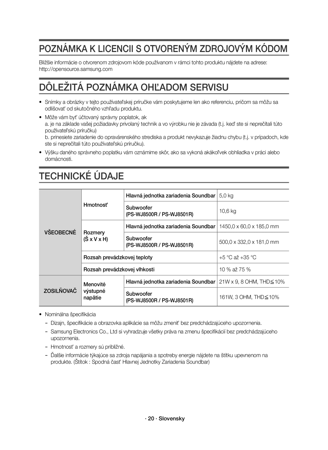 Samsung HW-J8500R/XN, HW-J8500R/EN, HW-J8501R/EN manual Dôležitá Poznámka Ohľadom Servisu, Všeobecné, Zosilňovač 