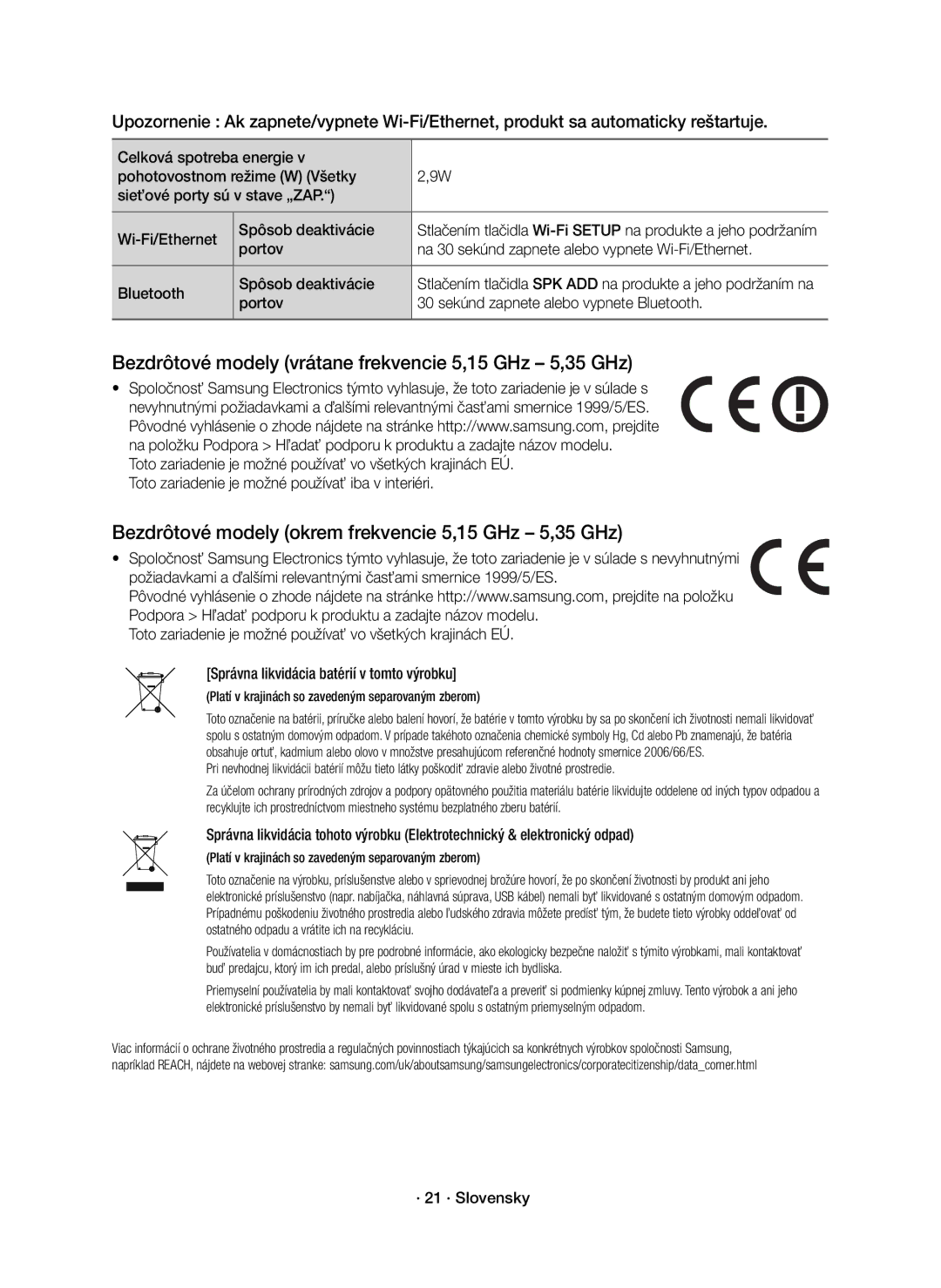 Samsung HW-J8500R/EN, HW-J8501R/EN, HW-J8500R/XN Bezdrôtové modely vrátane frekvencie 5,15 GHz 5,35 GHz, · 21 · Slovensky 