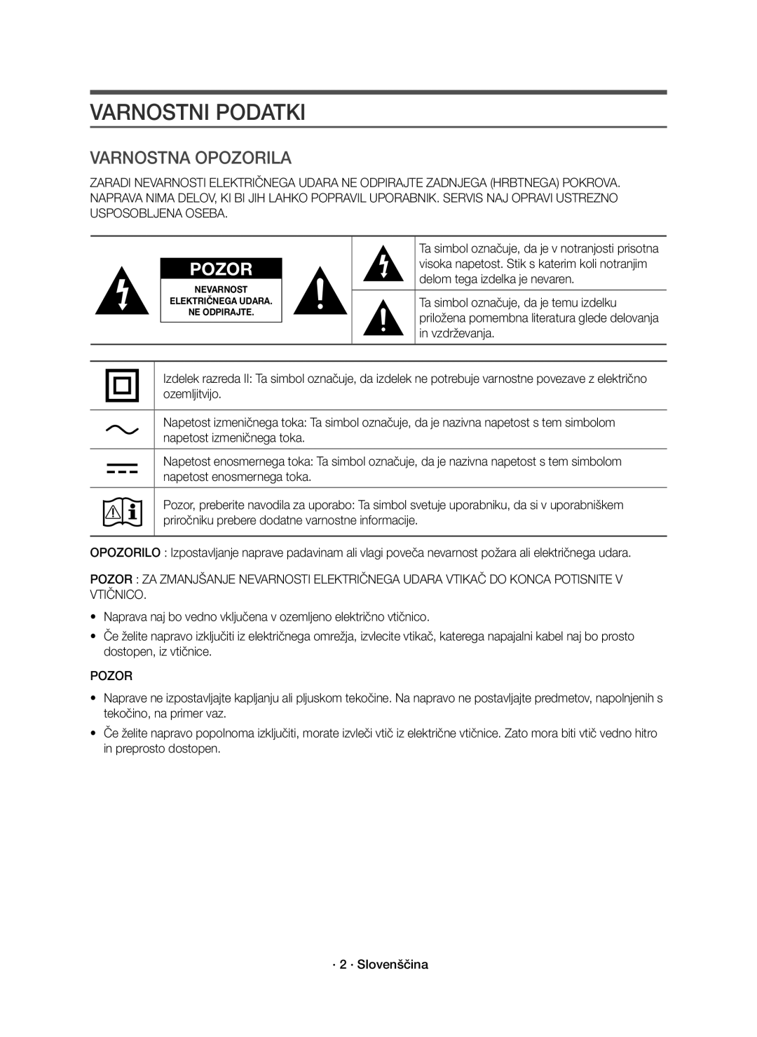 Samsung HW-J8501R/EN, HW-J8500R/EN, HW-J8500R/XN manual Varnostni Podatki, Pozor 