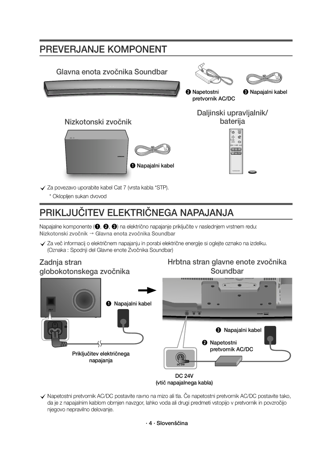 Samsung HW-J8500R/EN manual Preverjanje Komponent, Priključitev Električnega Napajanja, Glavna enota zvočnika Soundbar 