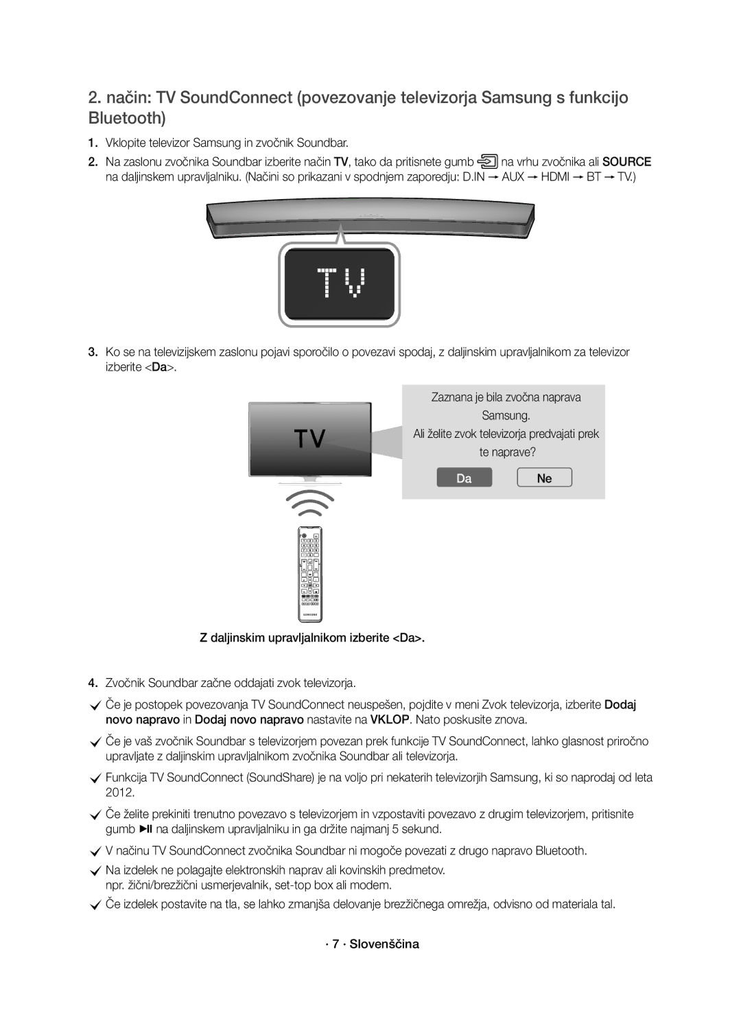 Samsung HW-J8500R/EN, HW-J8501R/EN, HW-J8500R/XN manual Vklopite televizor Samsung in zvočnik Soundbar 