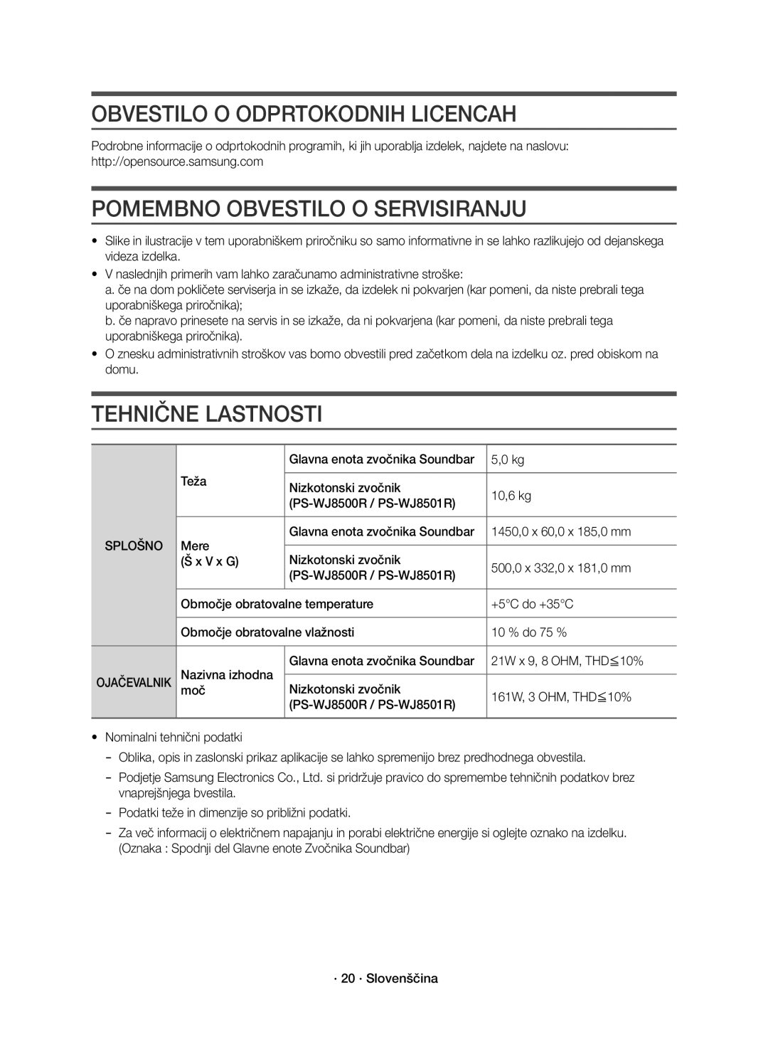 Samsung HW-J8501R/EN Obvestilo O Odprtokodnih Licencah, Pomembno Obvestilo O Servisiranju, Tehnične Lastnosti, Splošno 